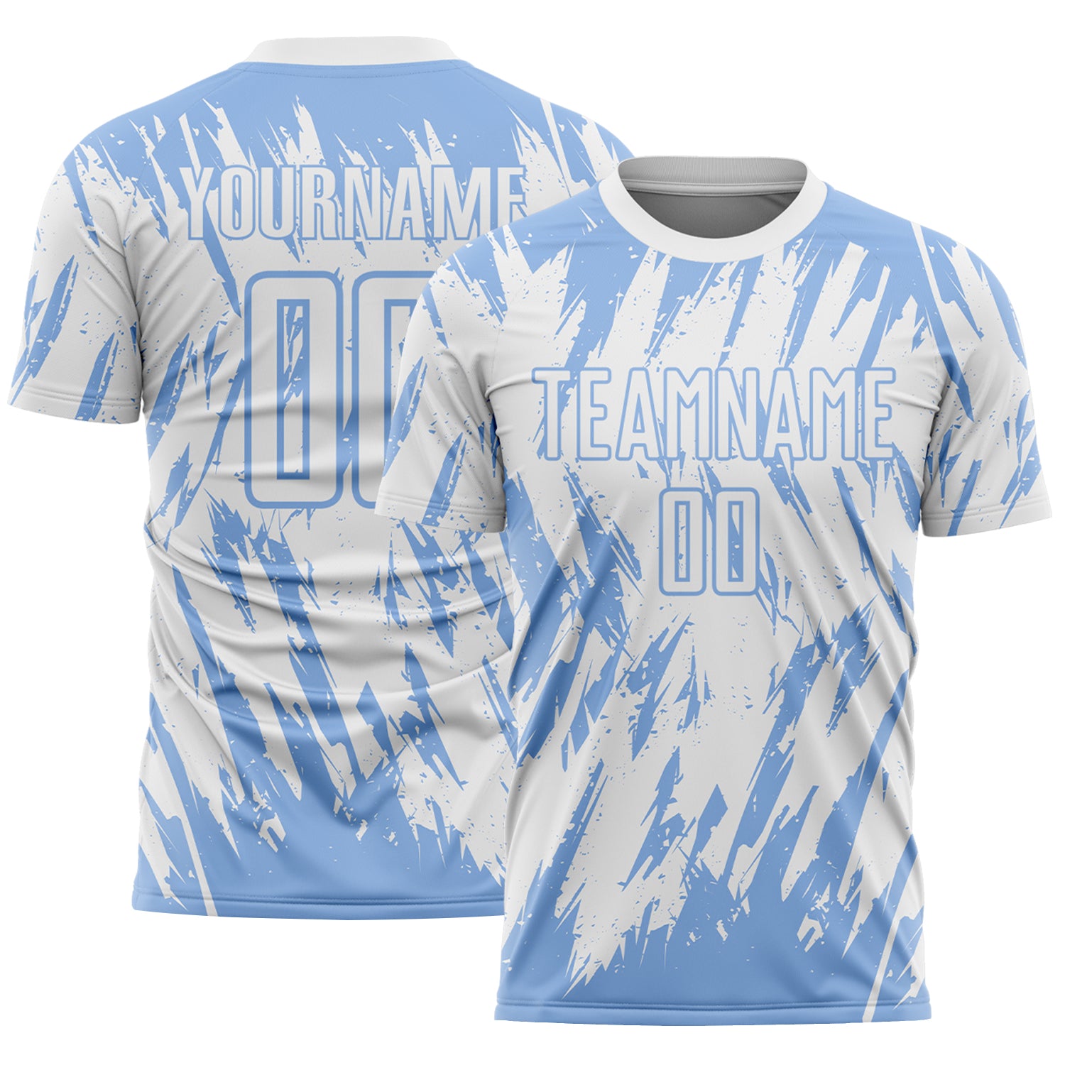 Custom White-Light Blue Splatter Torn Sharp Brush Stroke Sublimation Soccer Uniform Jersey