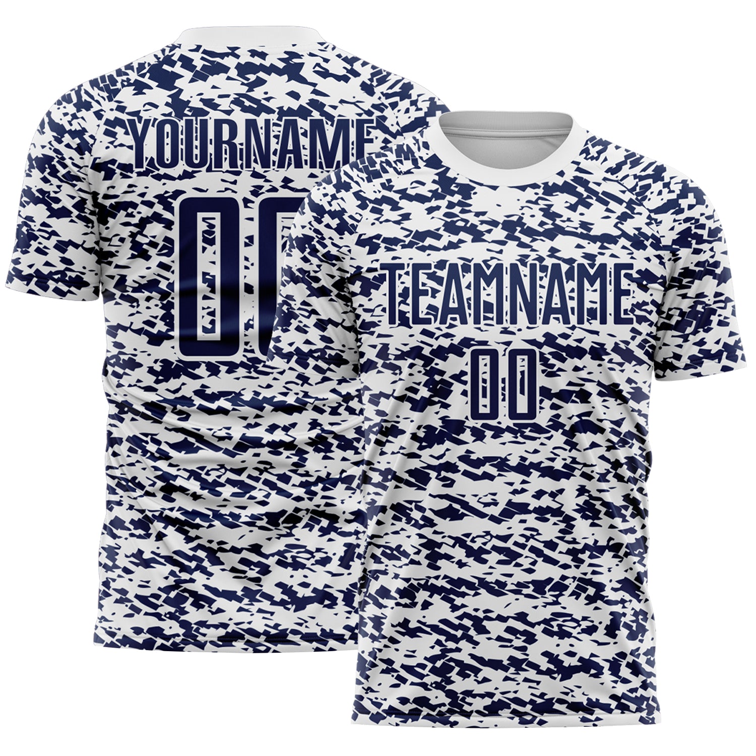 Custom White-Navy Geometric Fragment Splatter Sublimation Soccer Uniform Jersey