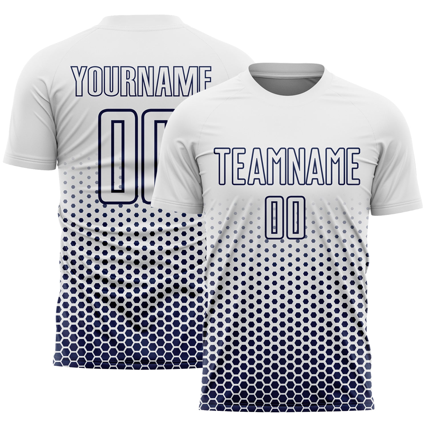 Custom White-Navy Geometric Hexagonal Dot Gradient Sublimation Soccer Uniform Jersey