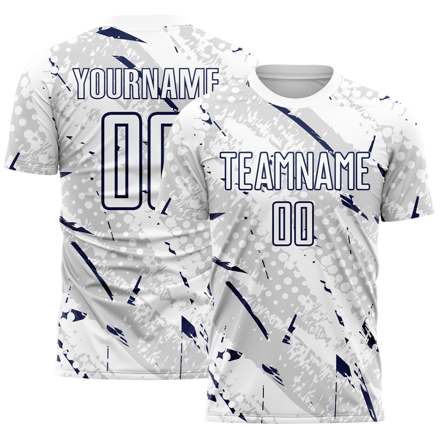 Custom White Navy-Gray Brush Stroke Slashes And Dot Grid Sublimation Soccer Uniform Jersey