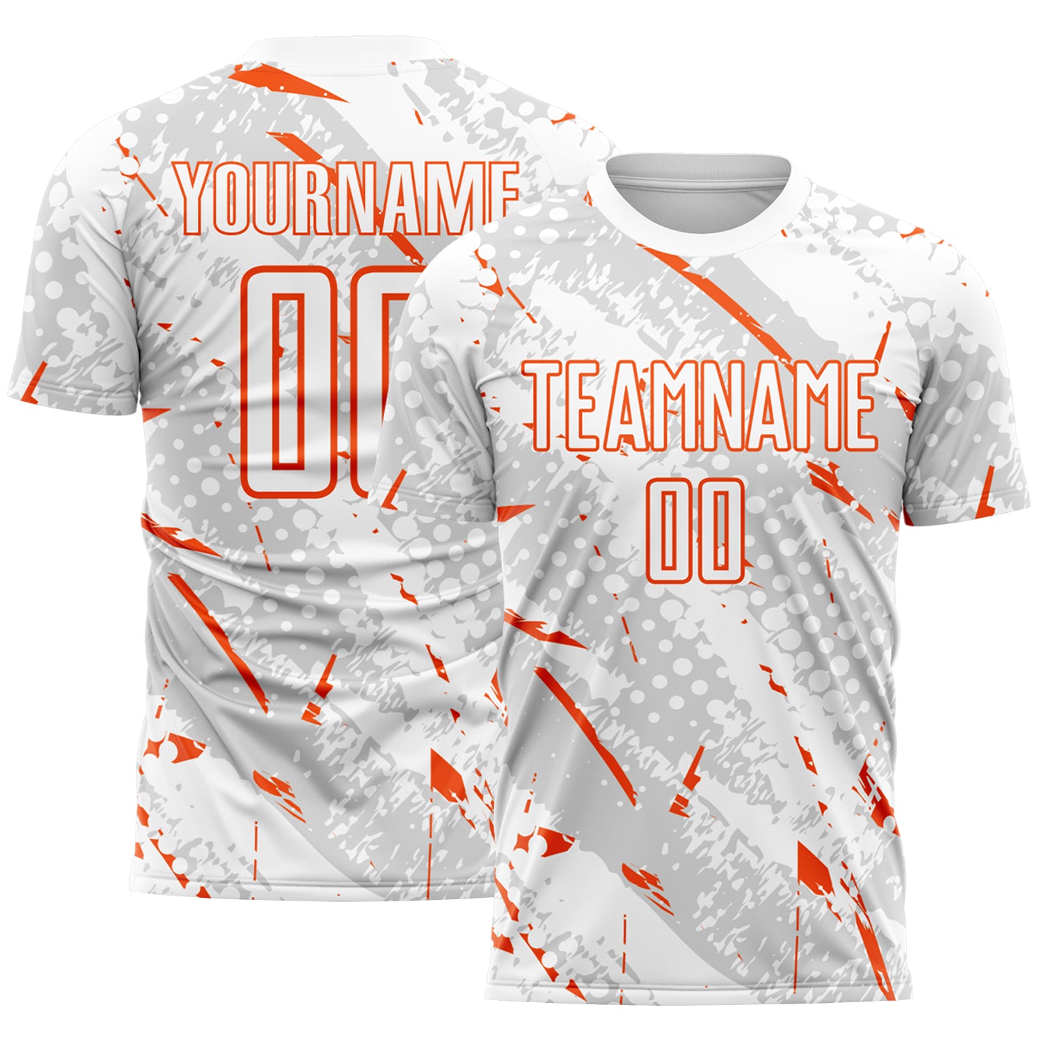 Custom White Orange-Gray Brush Stroke Slashes And Dot Grid Sublimation Soccer Uniform Jersey