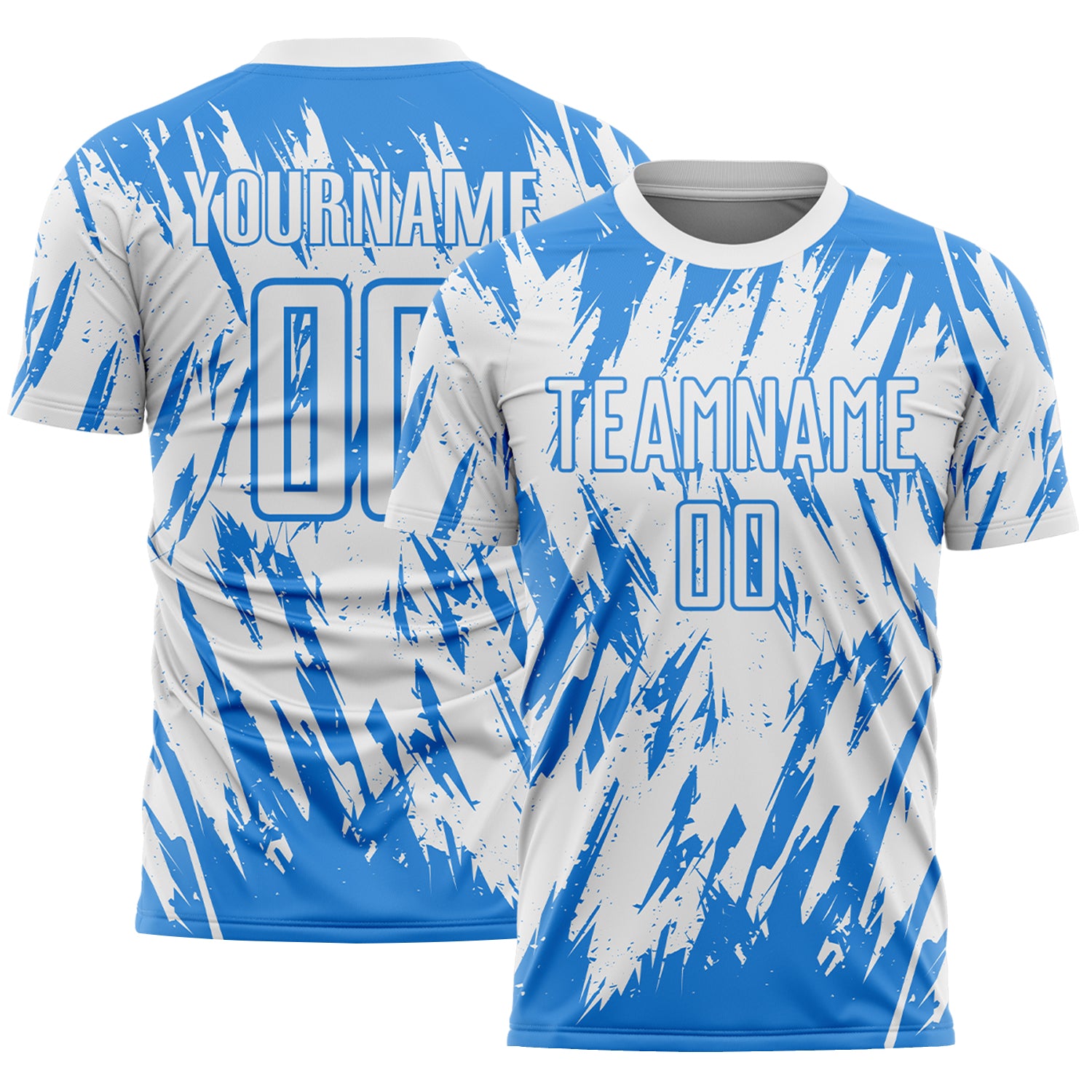 Custom White-Powder Blue Splatter Torn Sharp Brush Stroke Sublimation Soccer Uniform Jersey