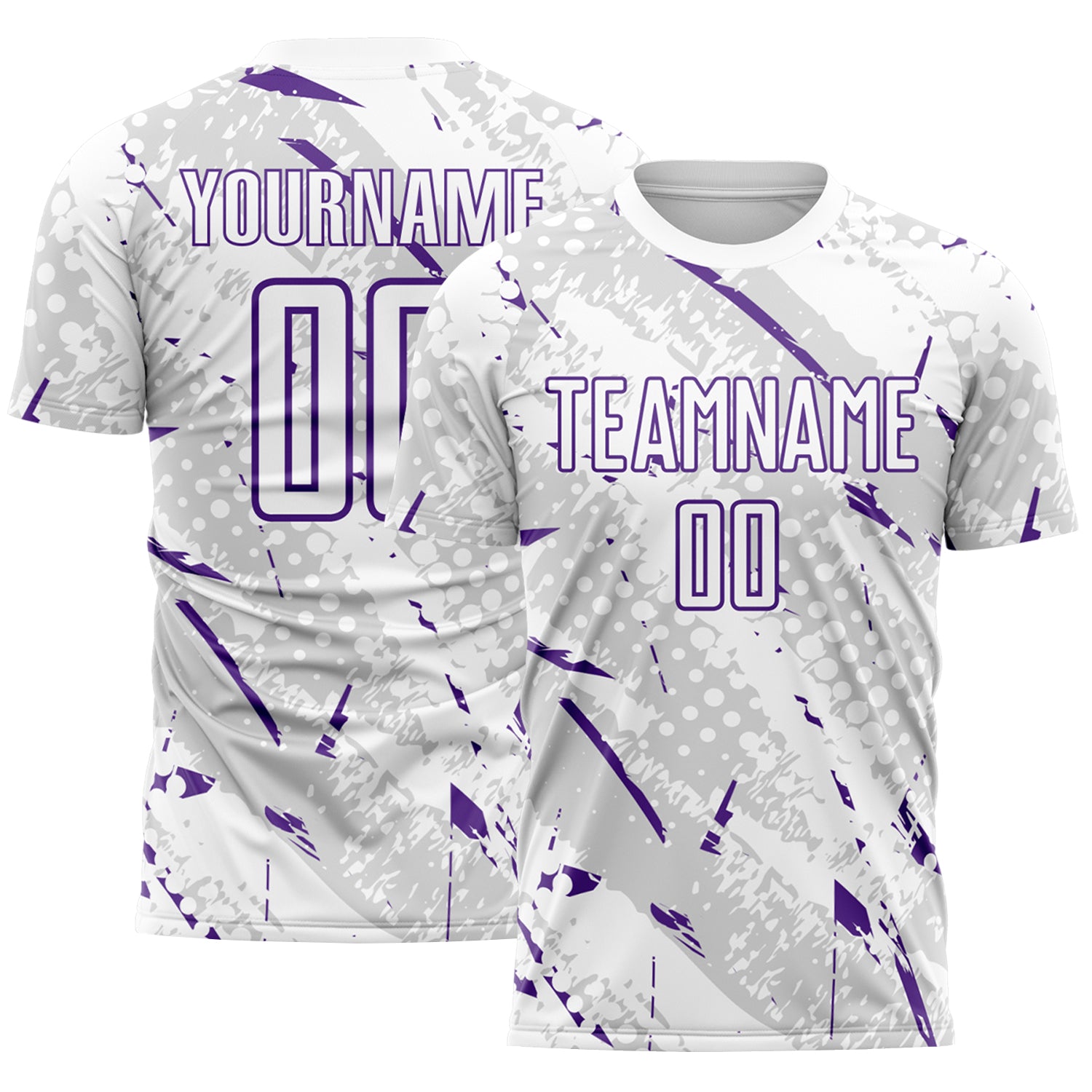 Custom White Purple-Gray Brush Stroke Slashes And Dot Grid Sublimation Soccer Uniform Jersey