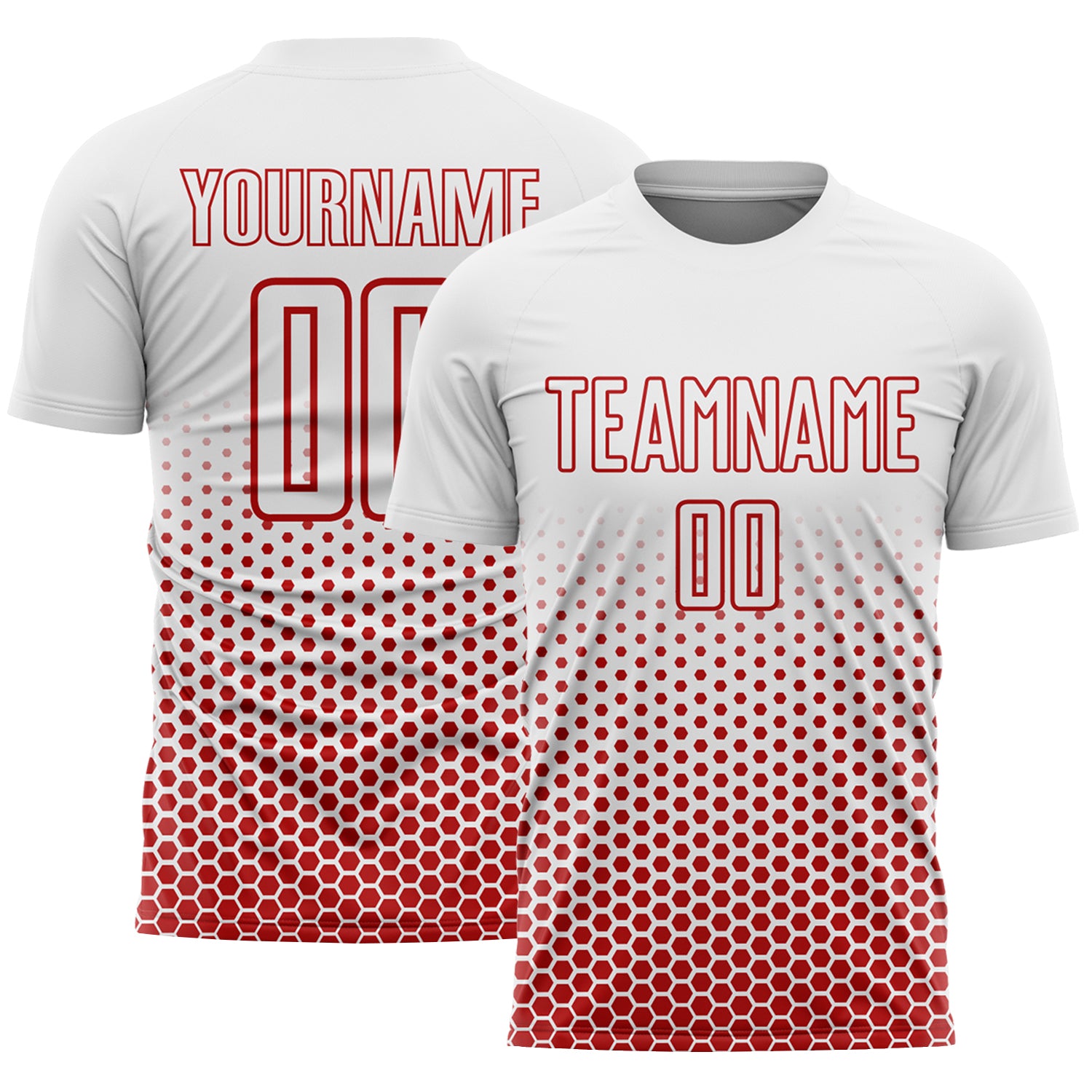 Custom White-Red Geometric Hexagonal Dot Gradient Sublimation Soccer Uniform Jersey