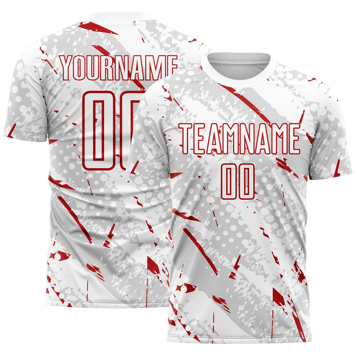 Custom White Red-Gray Brush Stroke Slashes And Dot Grid Sublimation Soccer Uniform Jersey