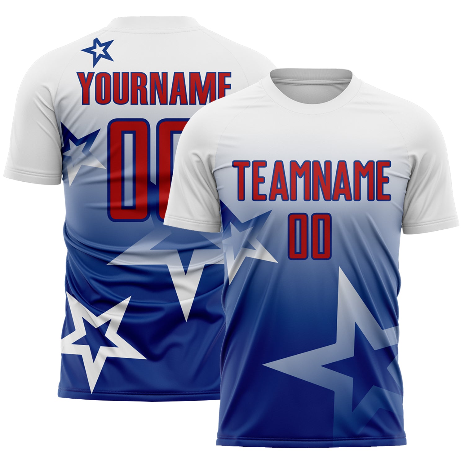 Custom White Red-Royal Gradient Style Twinkle Star Sublimation Soccer Uniform Jersey