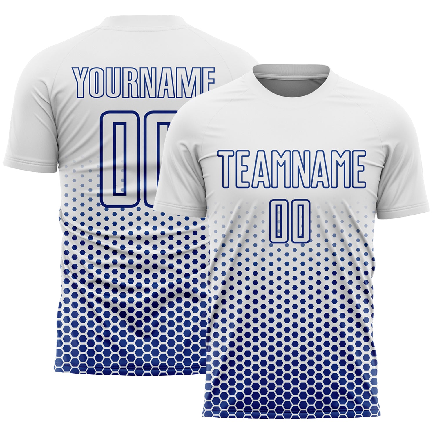 Custom White-Royal Geometric Hexagonal Dot Gradient Sublimation Soccer Uniform Jersey