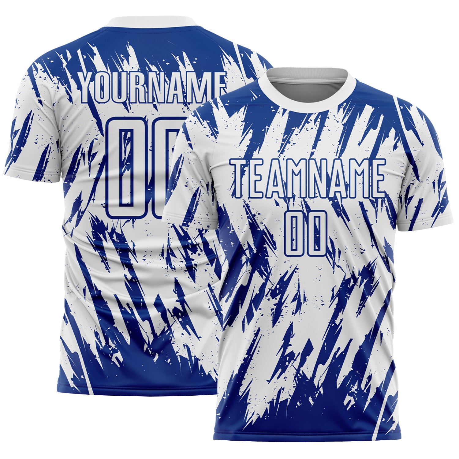 Custom White-Royal Splatter Torn Sharp Brush Stroke Sublimation Soccer Uniform Jersey