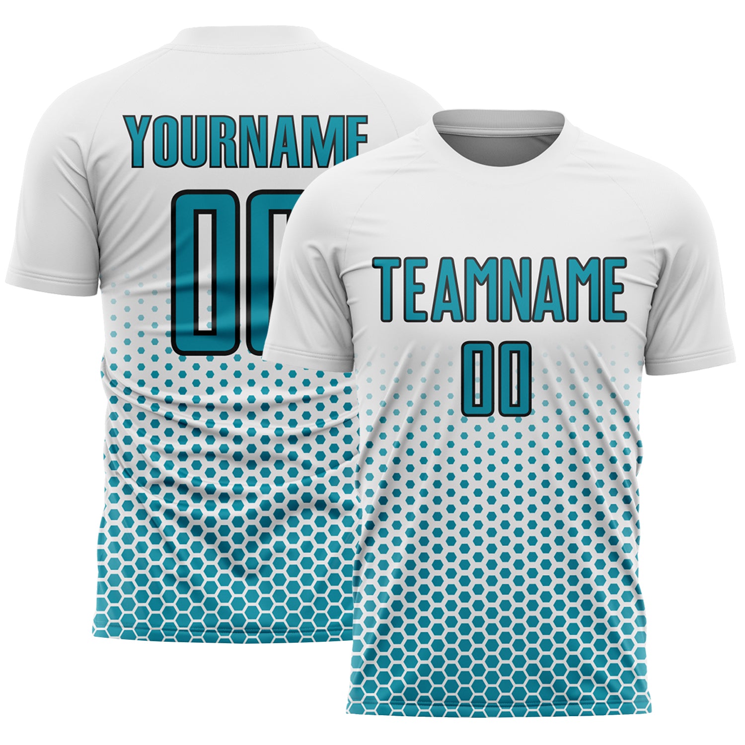 Custom White Teal-Black Geometric Hexagonal Dot Gradient Sublimation Soccer Uniform Jersey