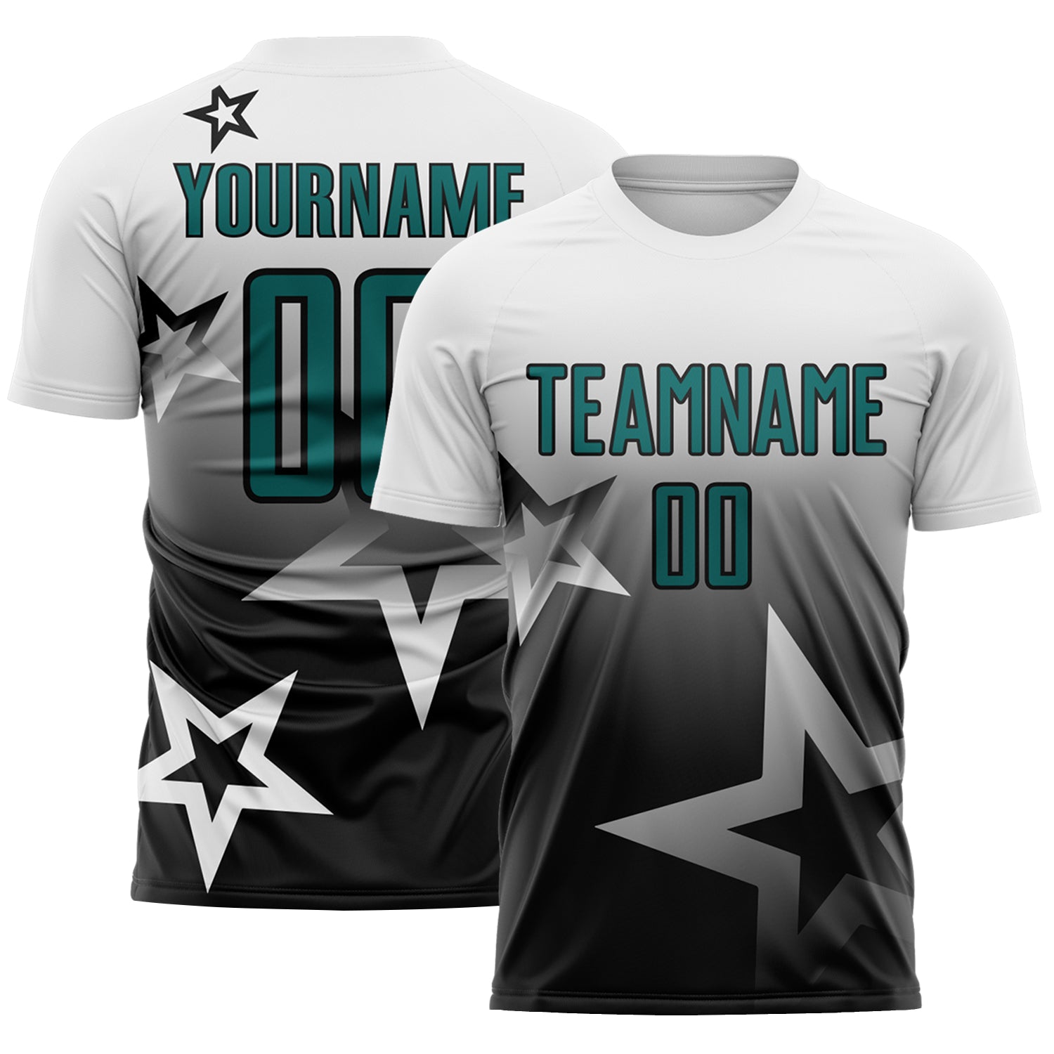 Custom White Teal-Black Gradient Style Twinkle Star Sublimation Soccer Uniform Jersey