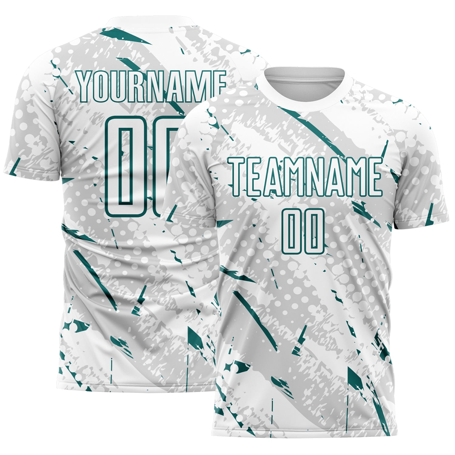 Custom White Teal-Gray Brush Stroke Slashes And Dot Grid Sublimation Soccer Uniform Jersey