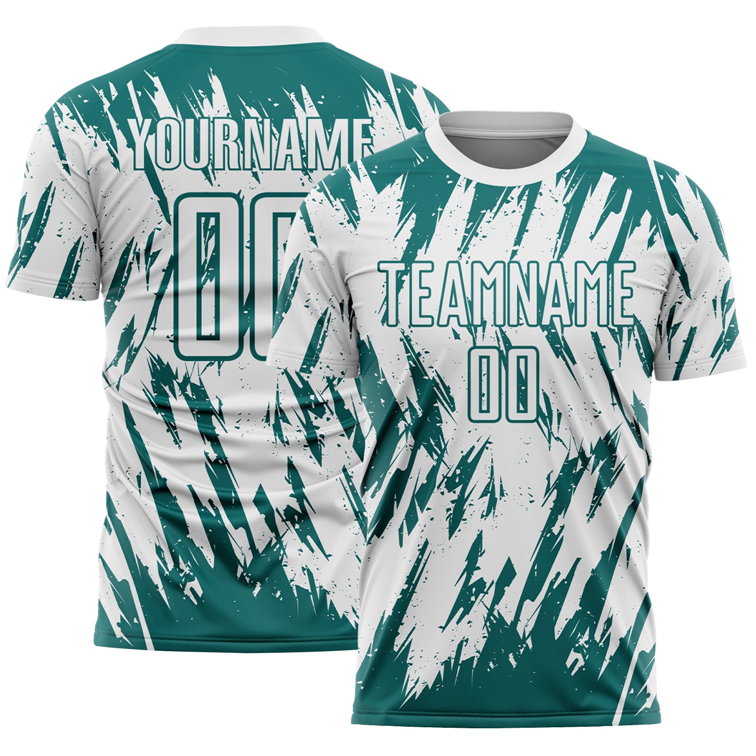 Custom White-Teal Splatter Torn Sharp Brush Stroke Sublimation Soccer Uniform Jersey