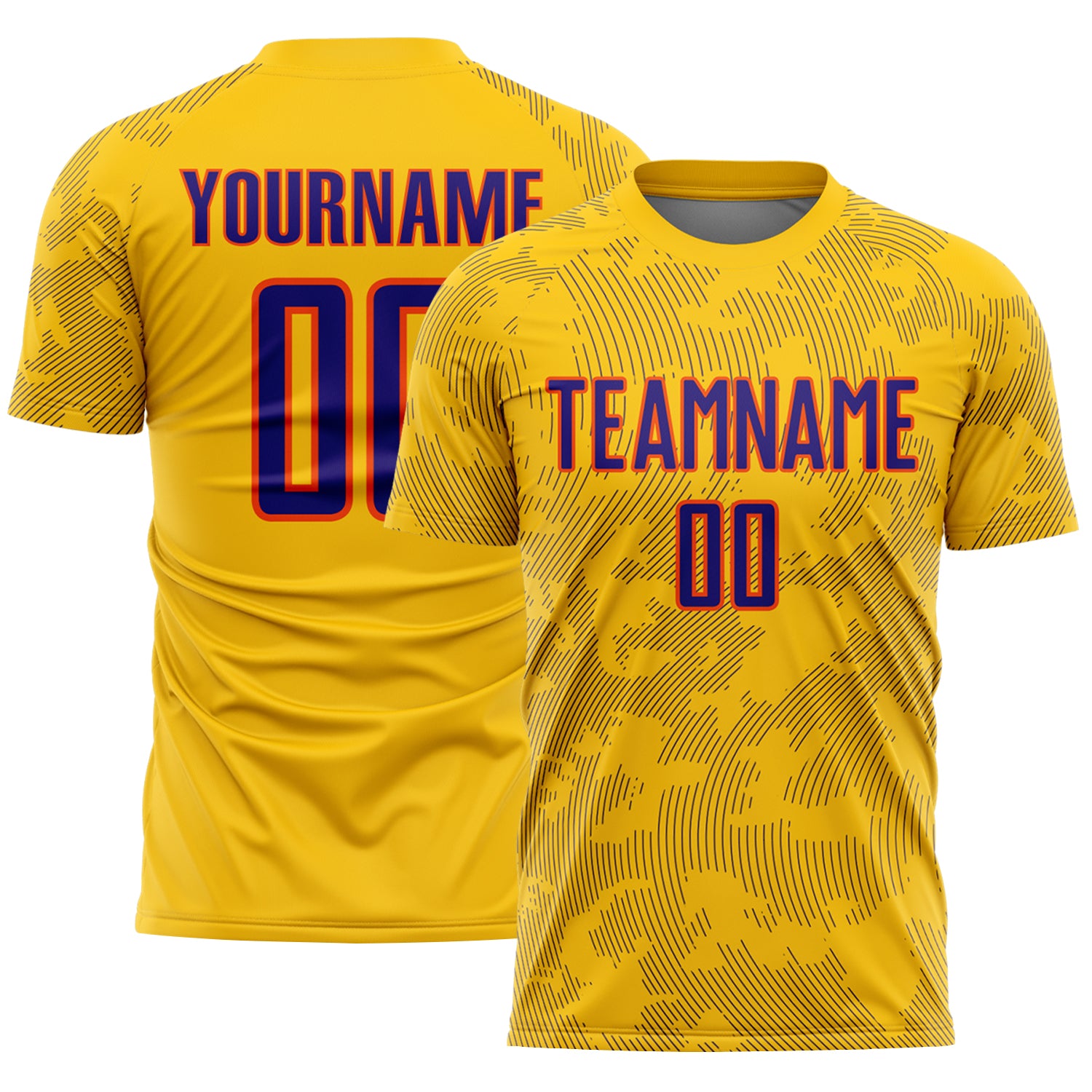 Custom Yellow Dark Purple-Orange Curve Lines Sublimation Soccer Uniform Jersey
