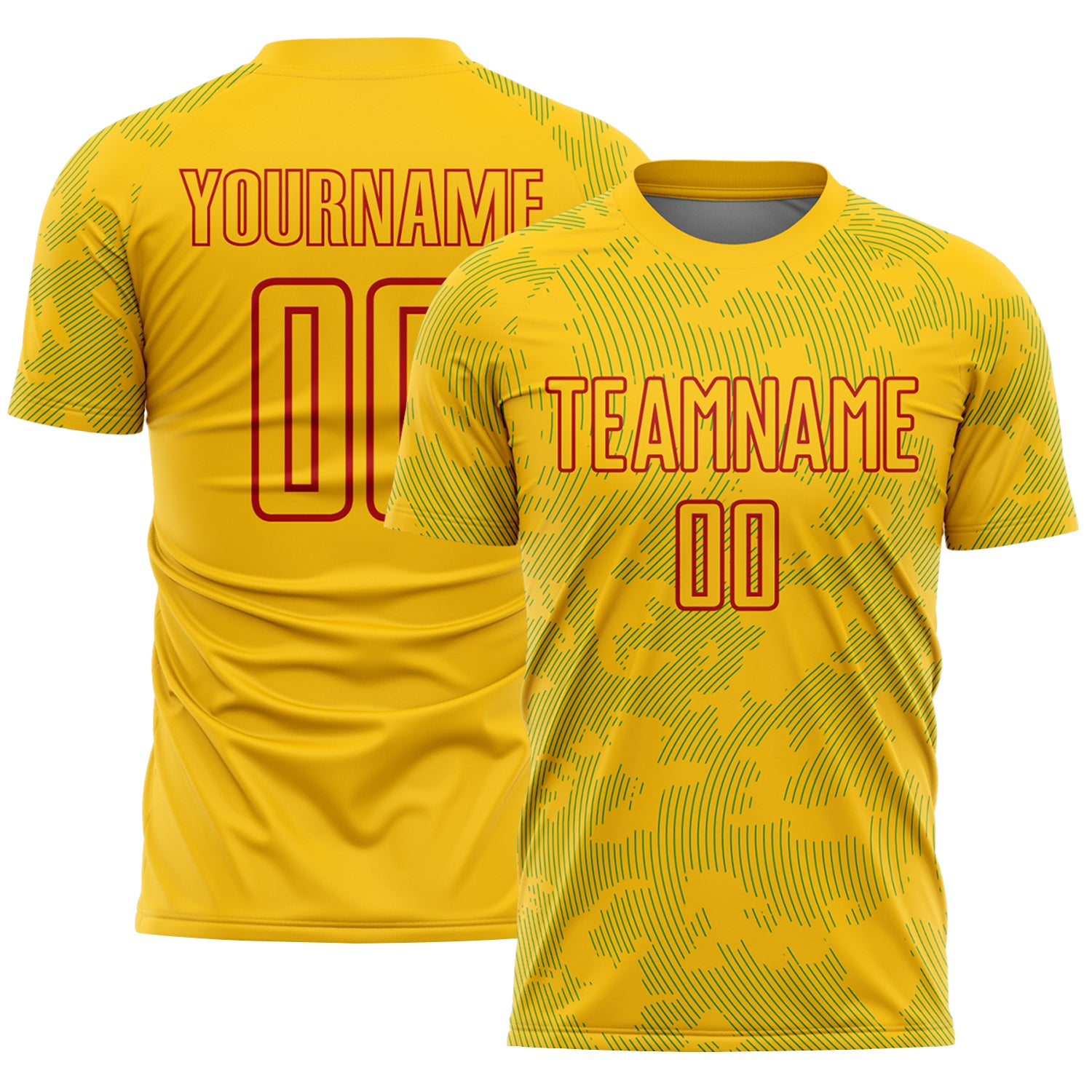 Custom Yellow Grass Green-Red Curve Lines Sublimation Soccer Uniform Jersey