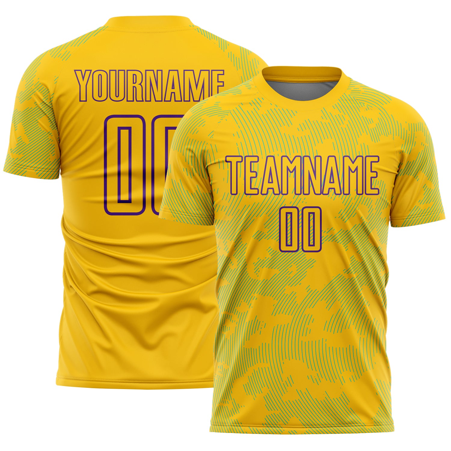 Custom Yellow Lakes Blue-Purple Curve Lines Sublimation Soccer Uniform Jersey