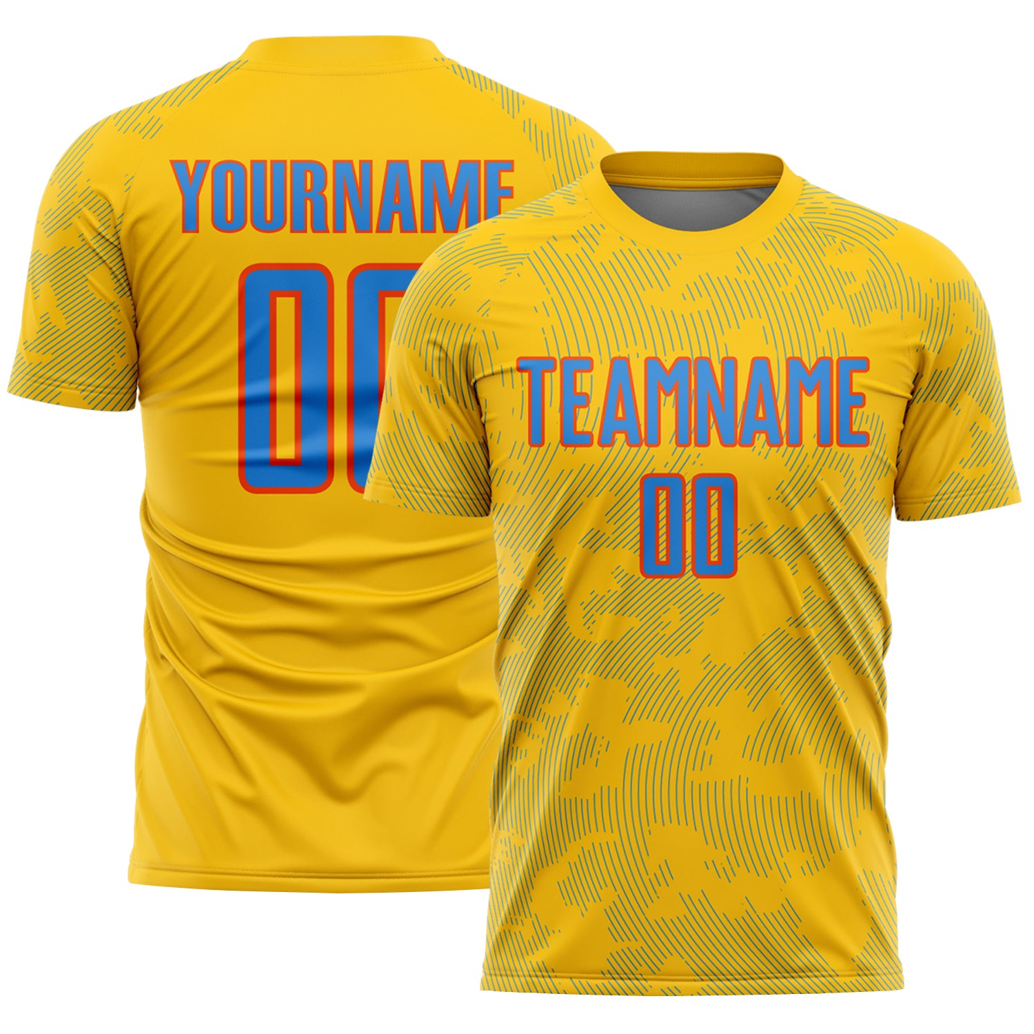Custom Yellow Powder Blue-Orange Curve Lines Sublimation Soccer Uniform Jersey