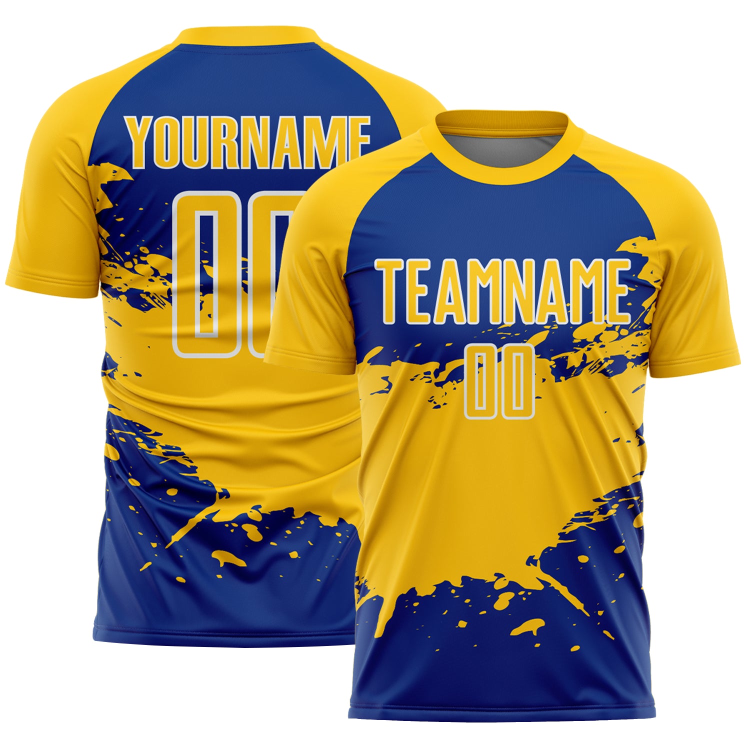 Custom Yellow Royal-White Splash Color Block Sublimation Soccer Uniform Jersey