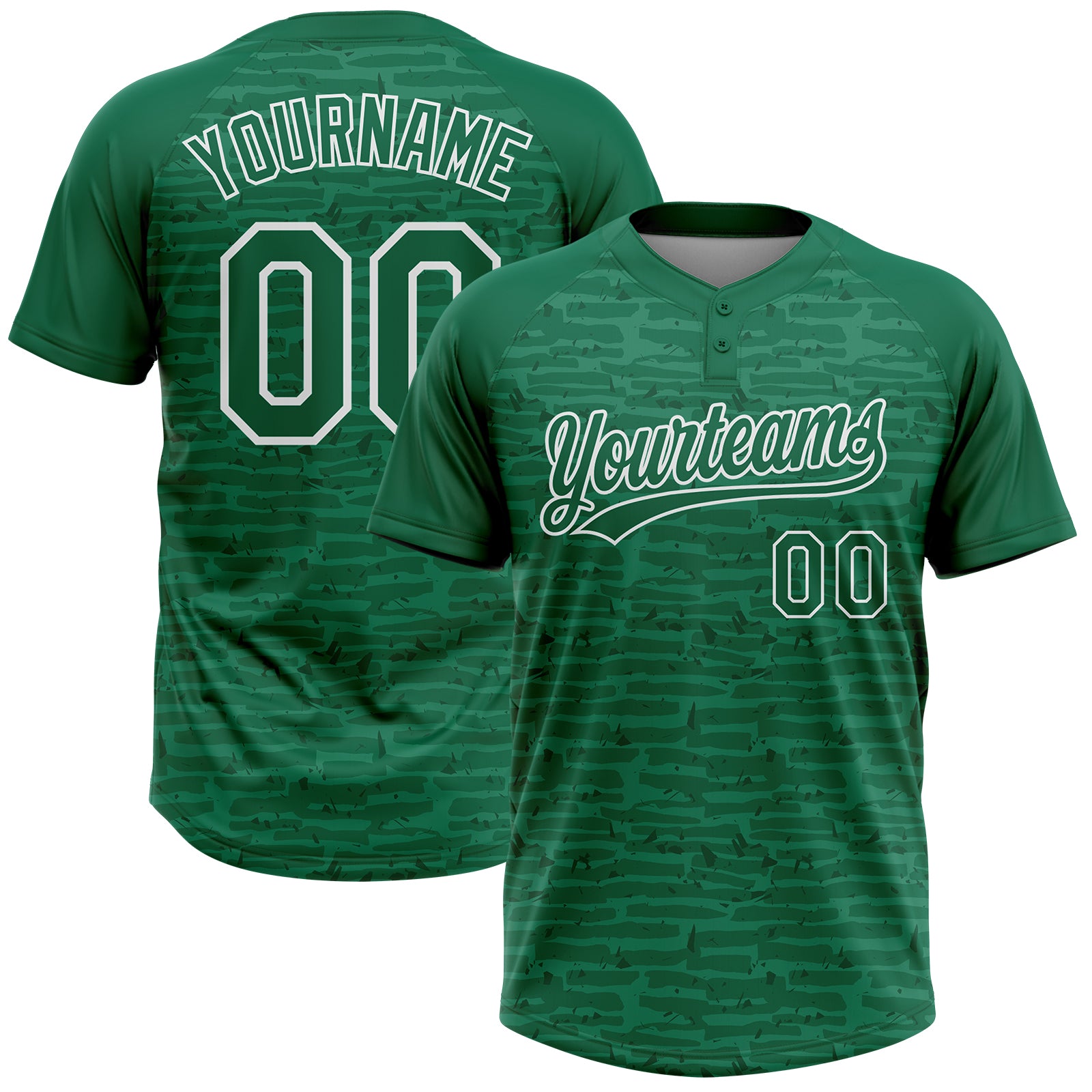 Custom Kelly Green-White Raglan Sleeves Distressed Fragment Brush Stroke Two-Button Unisex Softball Jersey