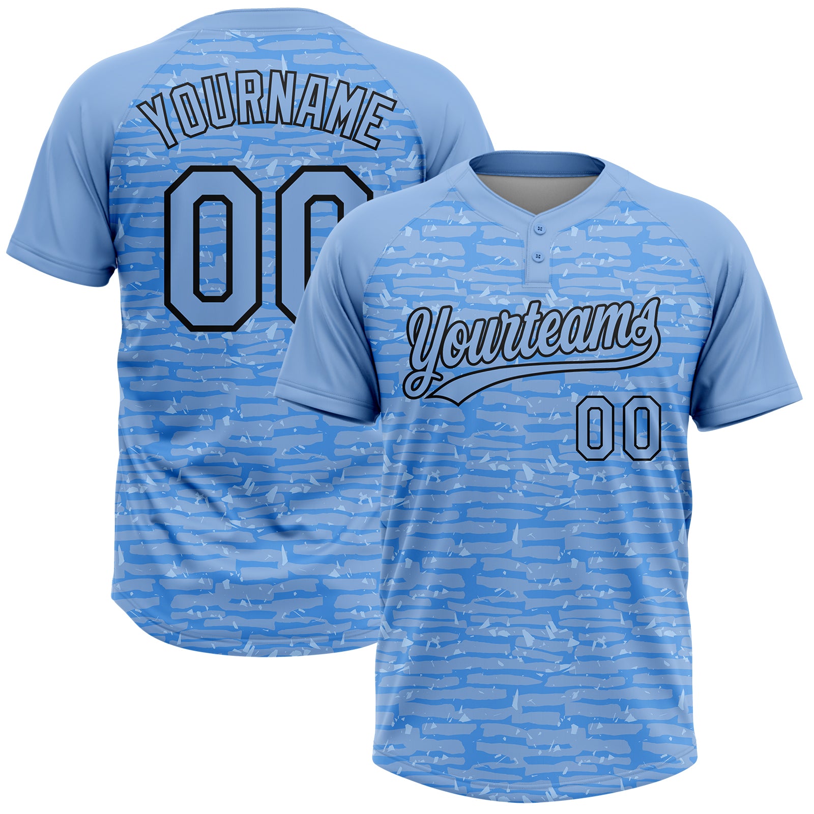 Custom Light Blue-Black Raglan Sleeves Distressed Fragment Brush Stroke Two-Button Unisex Softball Jersey