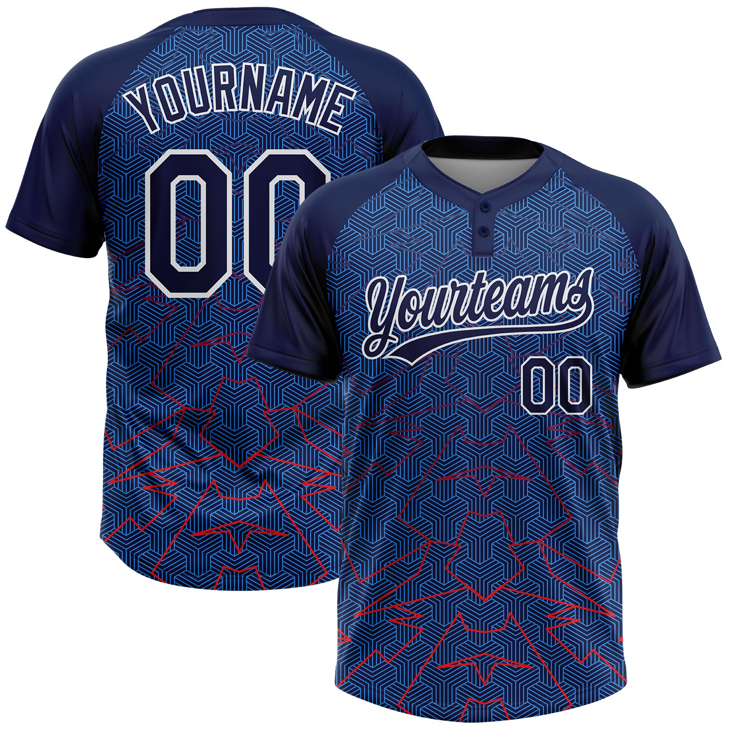 Custom Navy Electric Blue-White Geometric Pixel Grid 3D Pattern Two-Button Unisex Softball Jersey