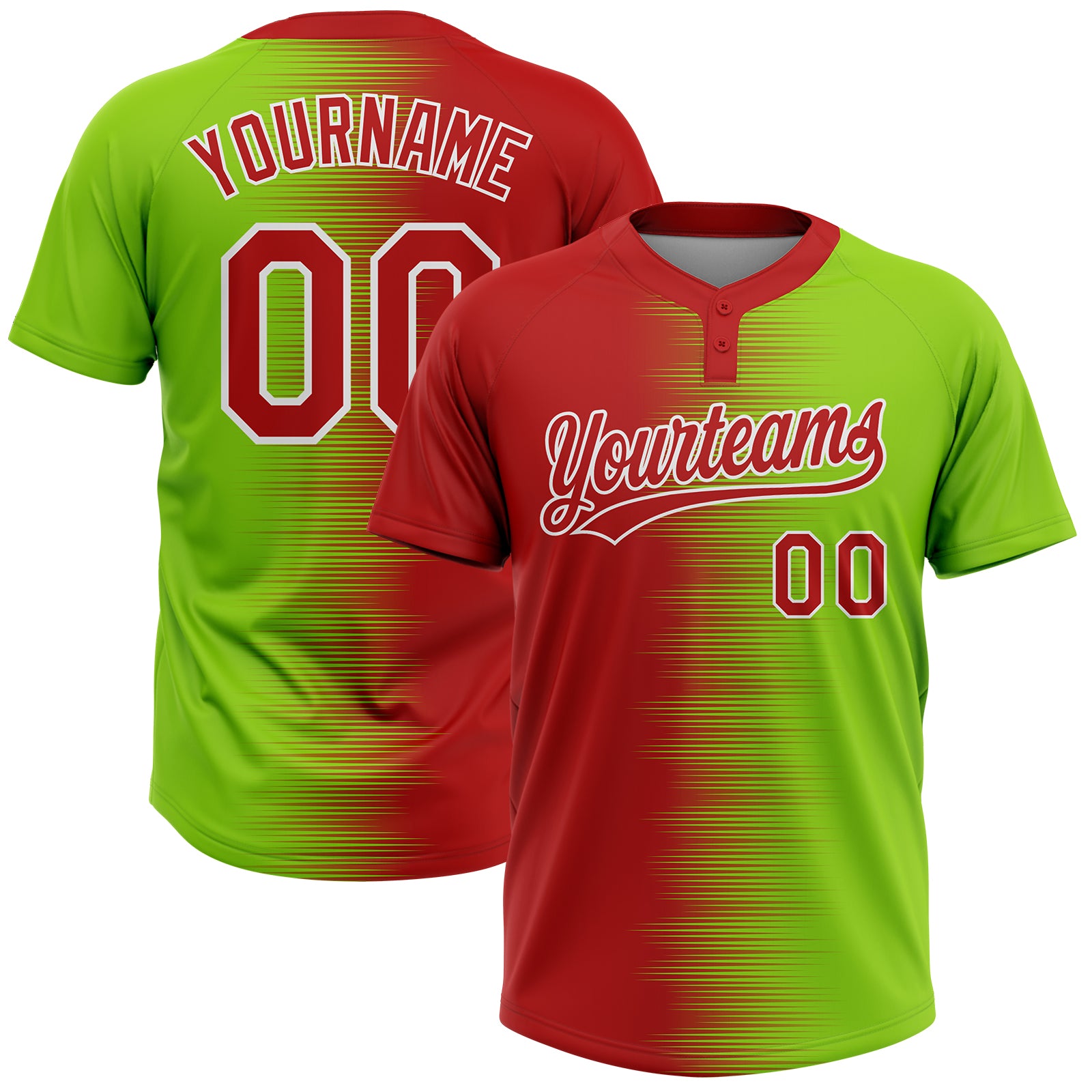 Custom Neon Green Red-White Gradient Horizontal Stripe Two-Button Unisex Softball Jersey