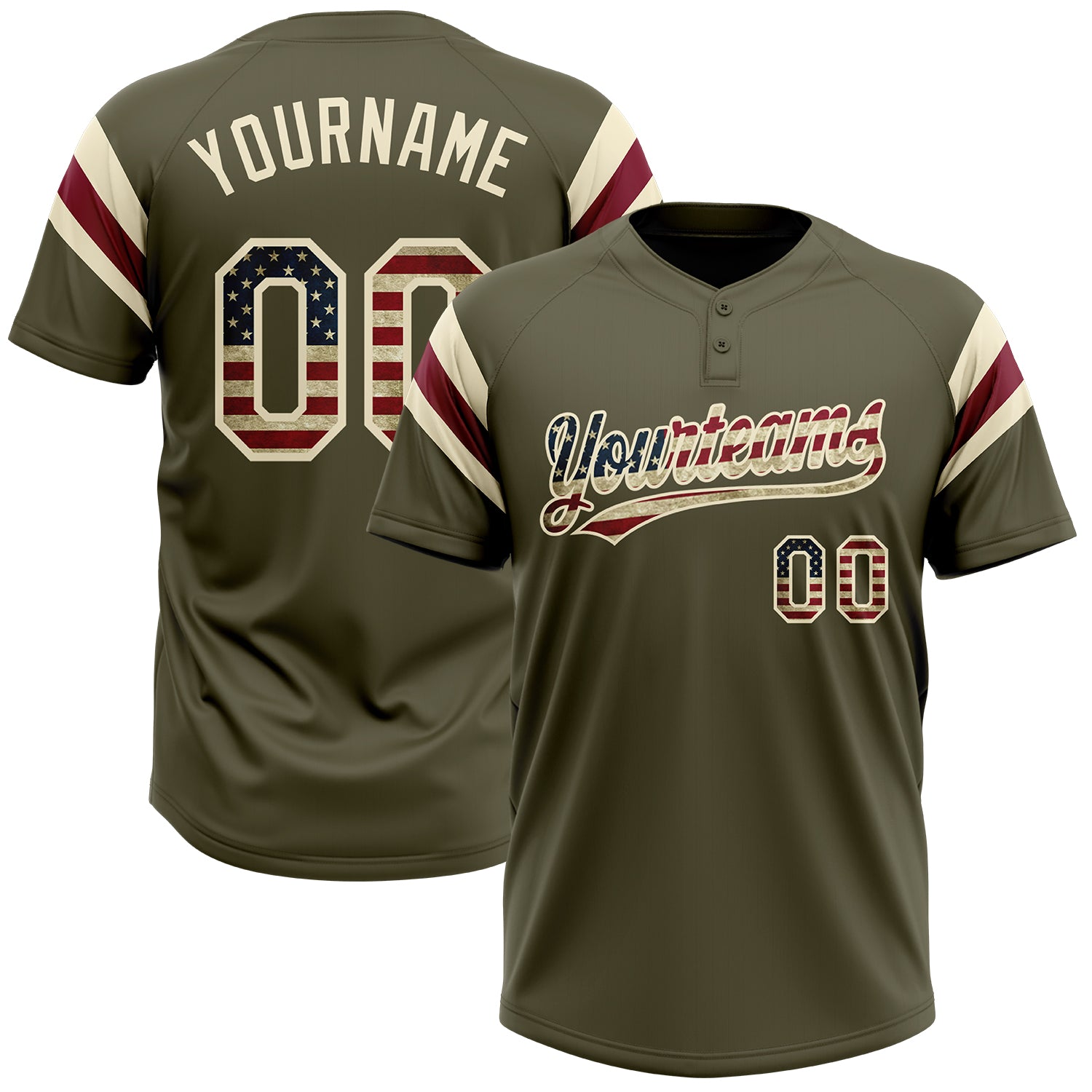 Custom Olive Vintage USA Flag Cream-Crimson Raglan Sleeves Stripes Two-Button Unisex Softball Jersey