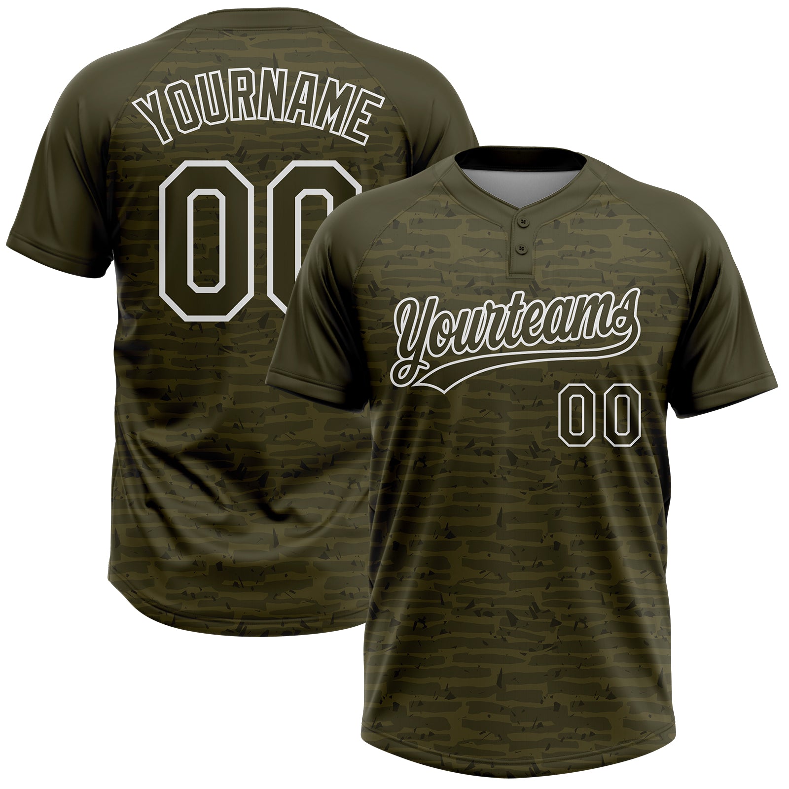 Custom Olive-White Raglan Sleeves Distressed Fragment Brush Stroke Two-Button Unisex Softball Jersey
