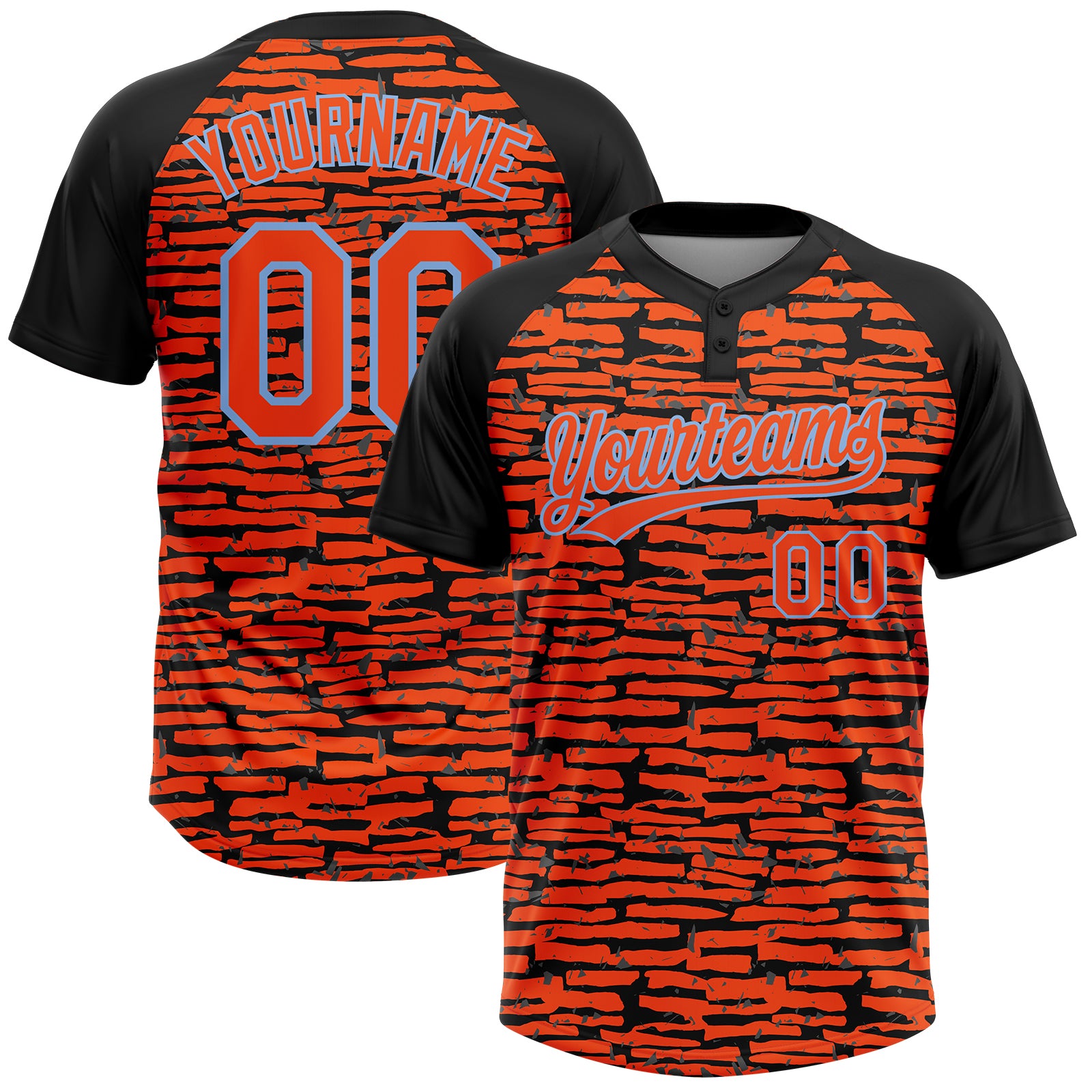 Custom Orange Black-Light Blue Raglan Sleeves Distressed Fragment Brush Stroke Two-Button Unisex Softball Jersey