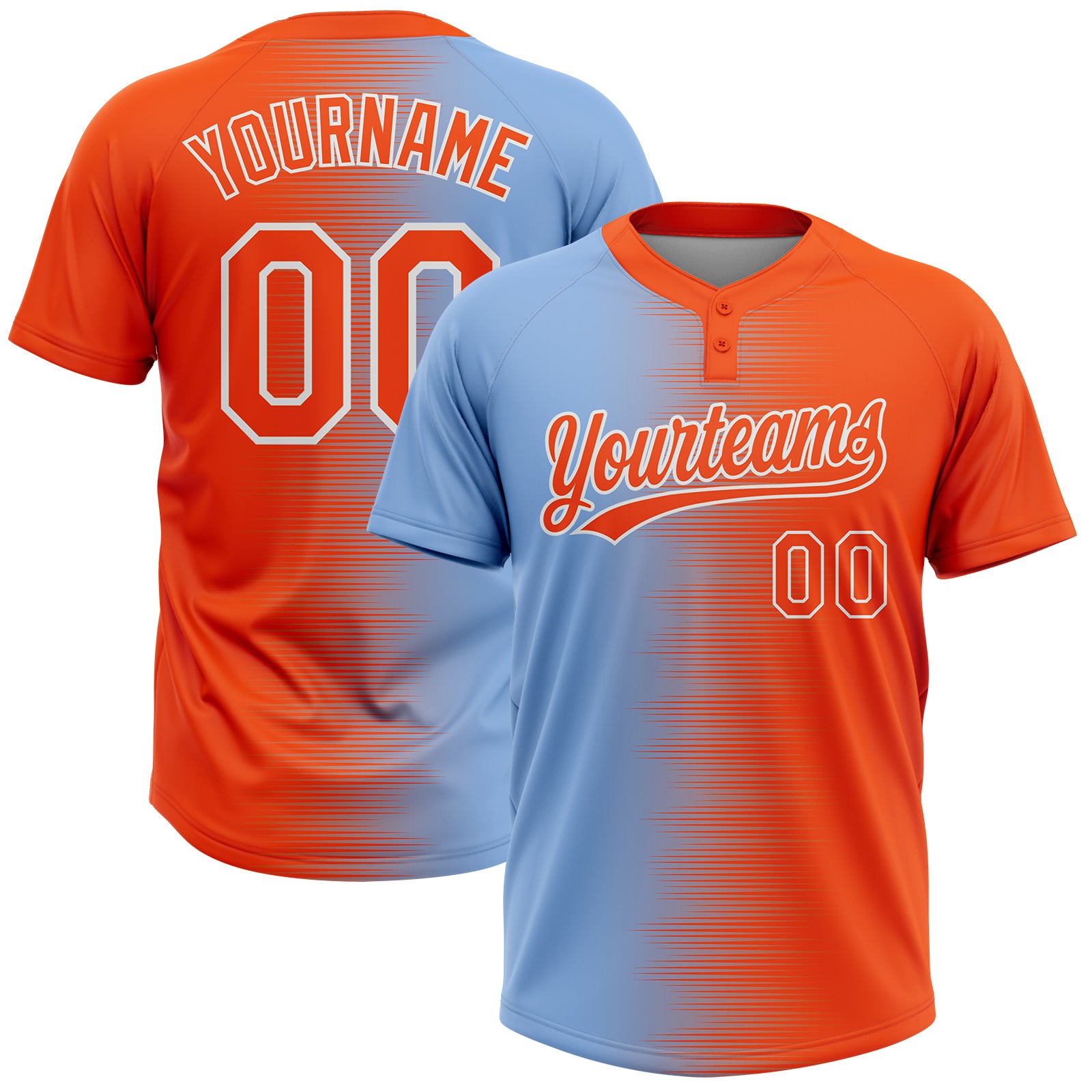 Custom Orange Light Blue-White Gradient Horizontal Stripe Two-Button Unisex Softball Jersey