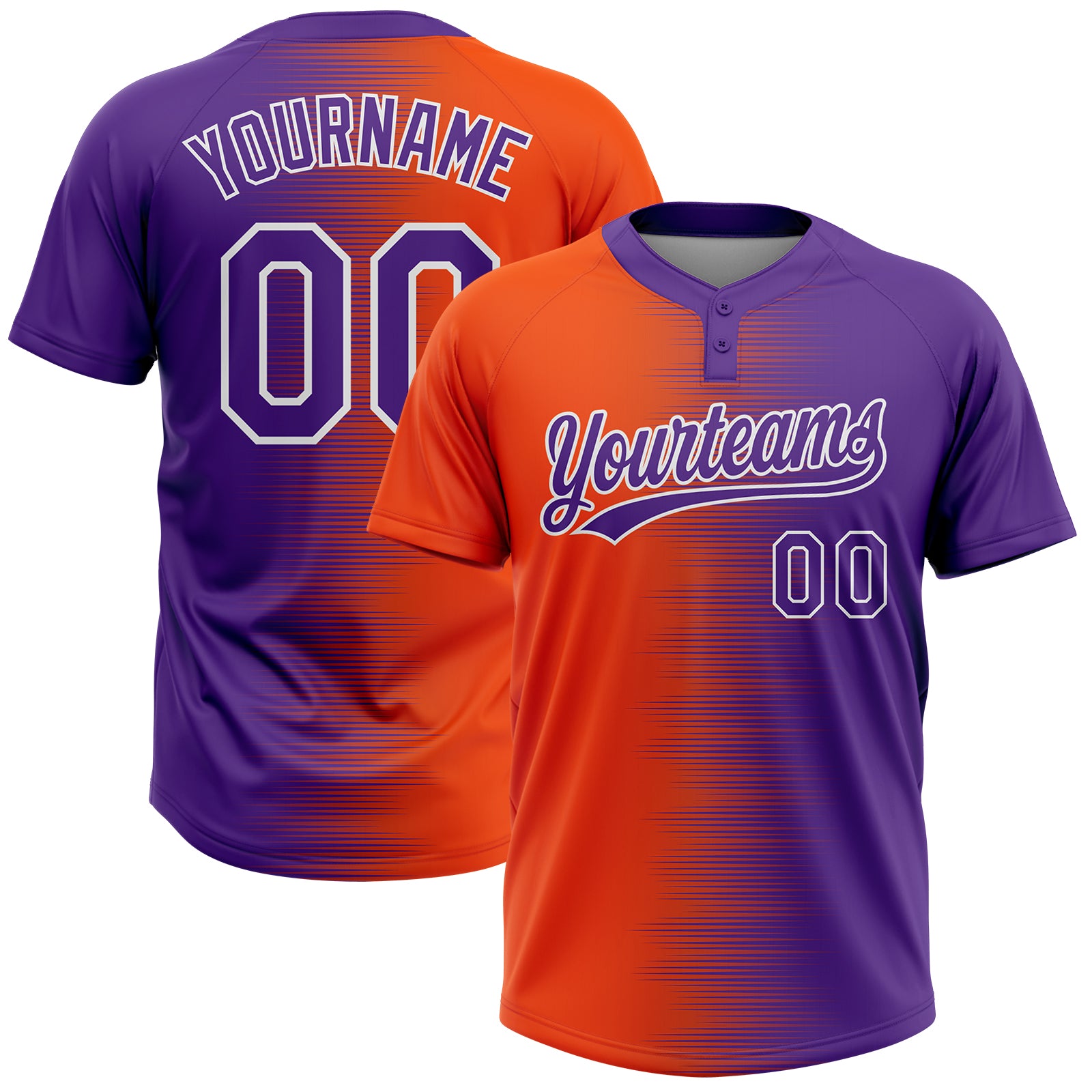 Custom Orange Purple-White Gradient Horizontal Stripe Two-Button Unisex Softball Jersey