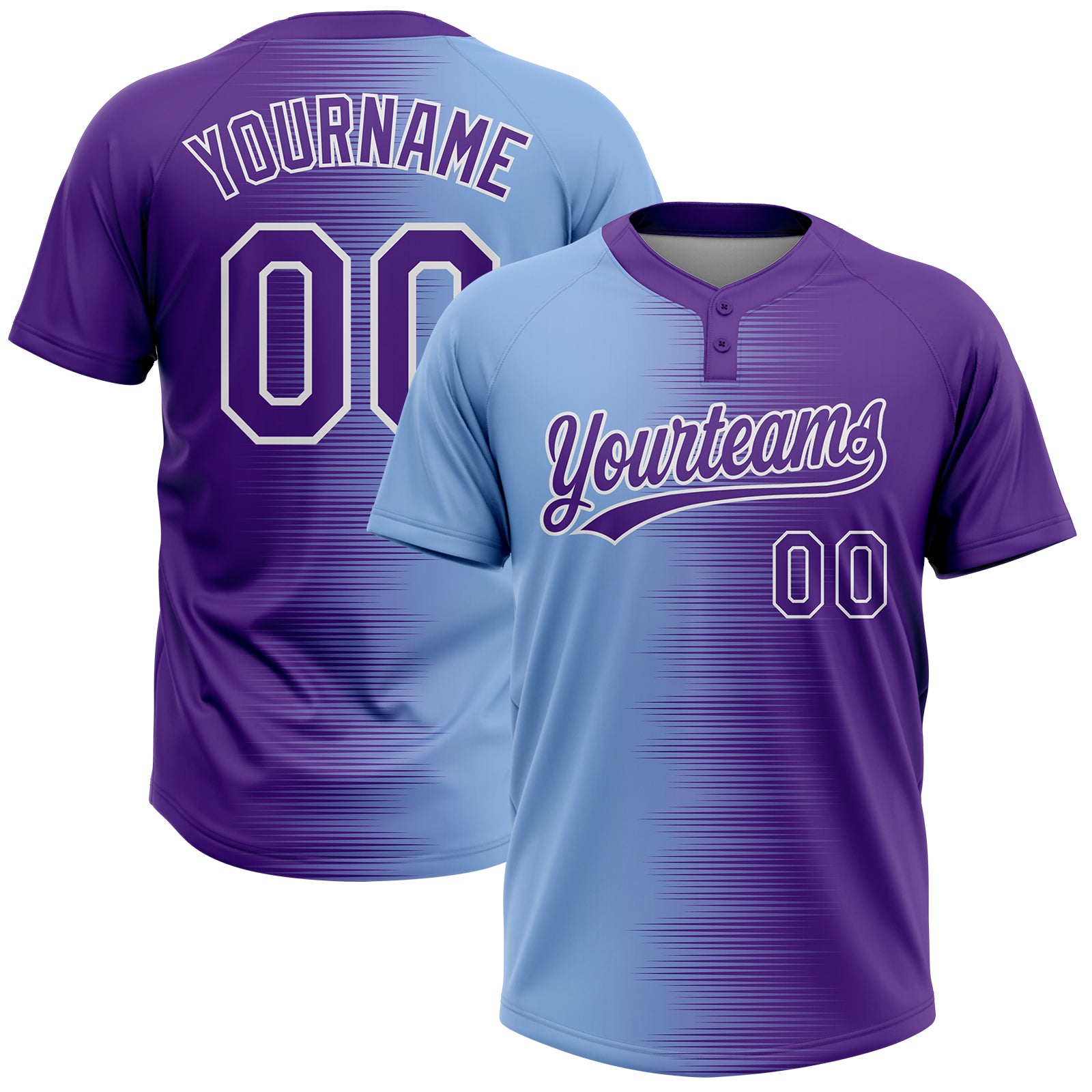 Custom Purple Light Blue-White Gradient Horizontal Stripe Two-Button Unisex Softball Jersey