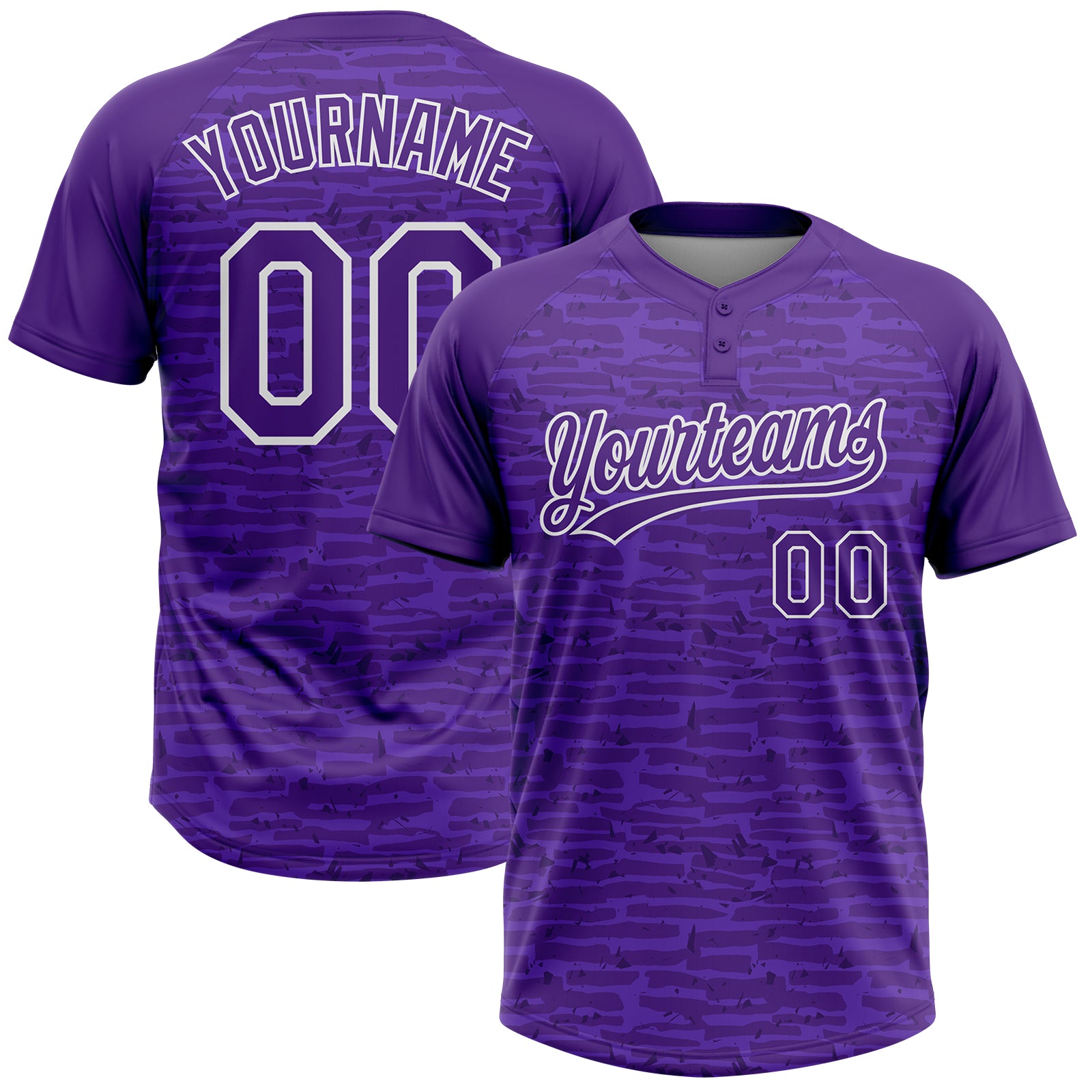 Custom Purple-White Raglan Sleeves Distressed Fragment Brush Stroke Two-Button Unisex Softball Jersey