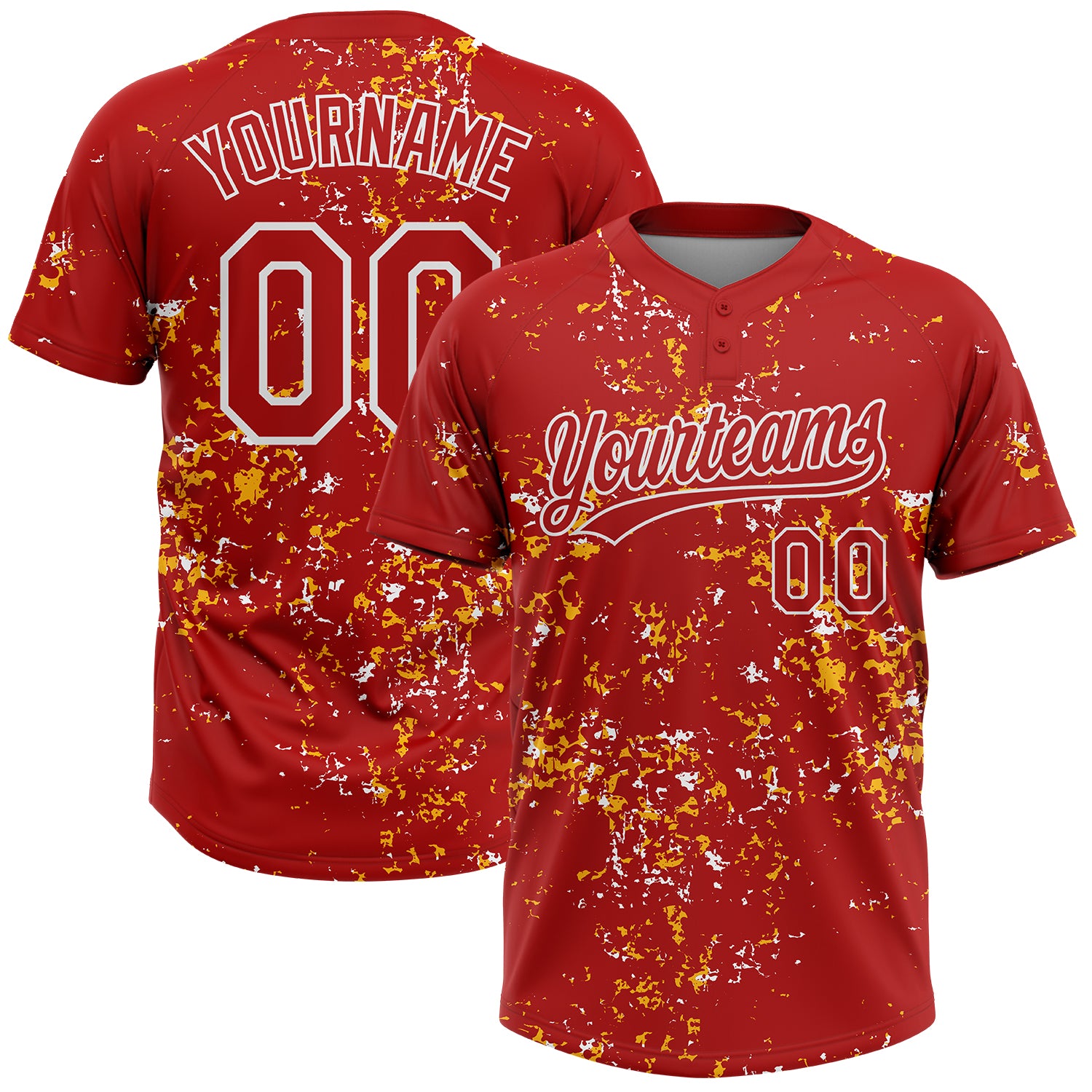 Custom Red Gold-White Abstract Shattered Paint Splatter Two-Button Unisex Softball Jersey