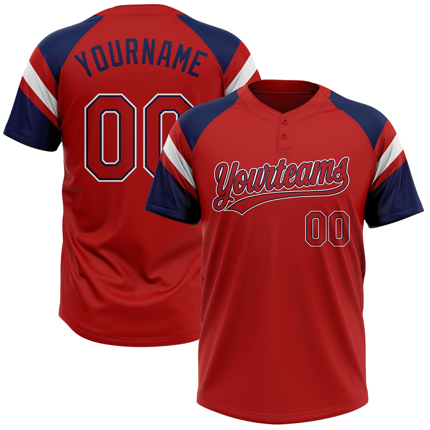 Custom Red Navy-White Raglan Sleeves Stripes Two-Button Unisex Softball Jersey