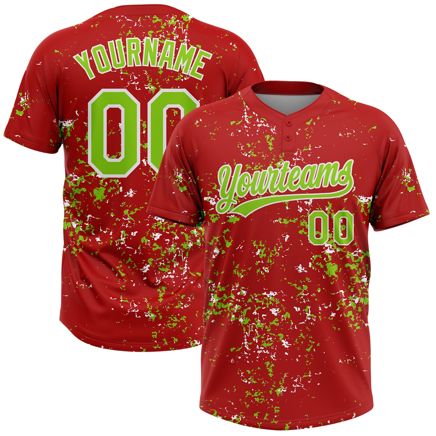 Custom Red Neon Green-White Abstract Shattered Paint Splatter Two-Button Unisex Softball Jersey