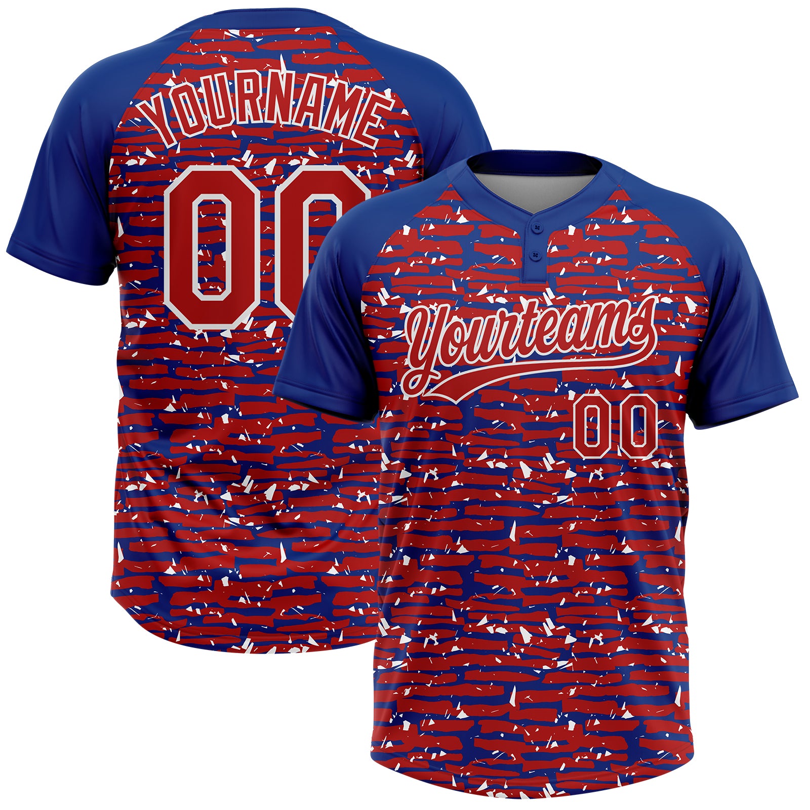Custom Red Royal-White Raglan Sleeves Distressed Fragment Brush Stroke Two-Button Unisex Softball Jersey