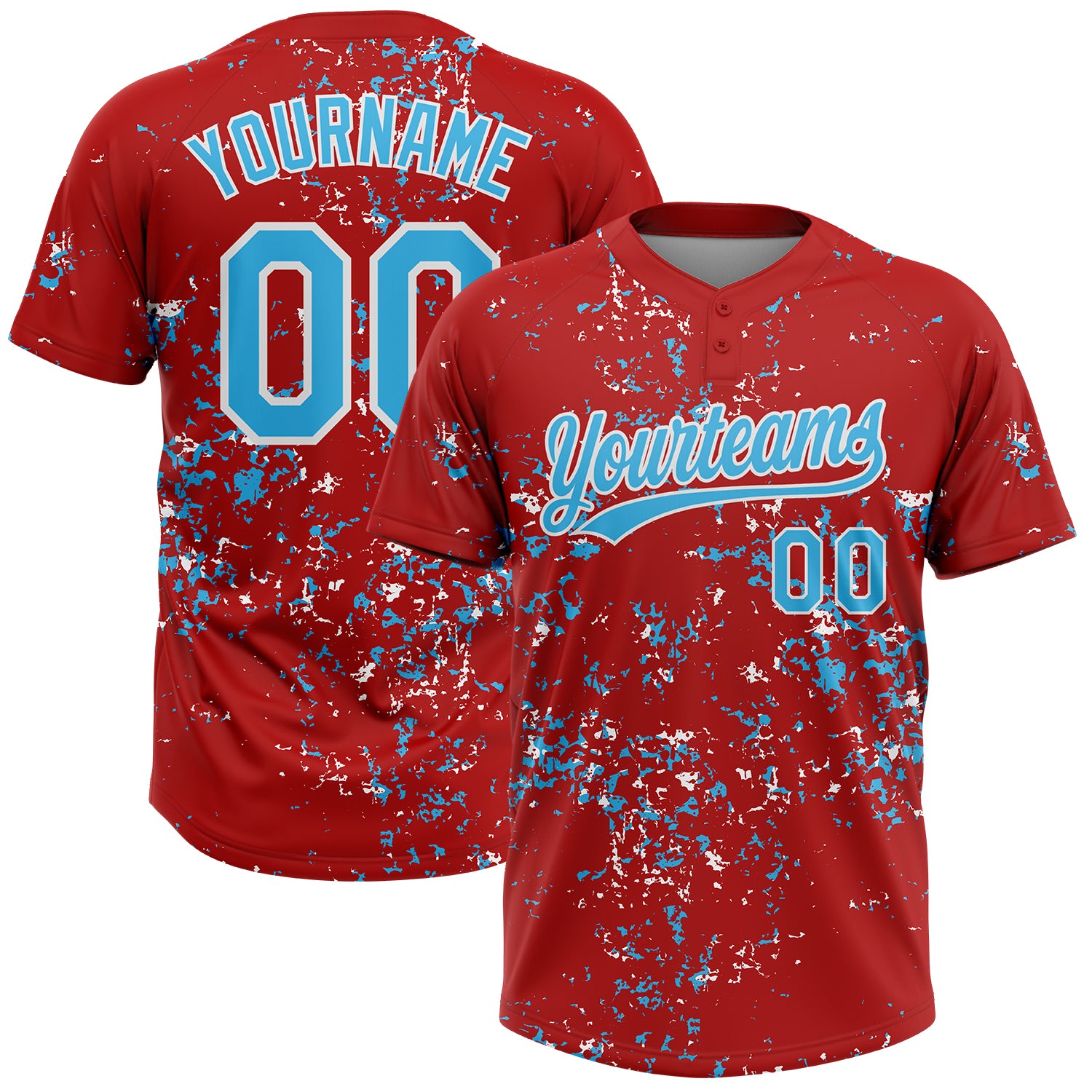 Custom Red Sky Blue-White Abstract Shattered Paint Splatter Two-Button Unisex Softball Jersey