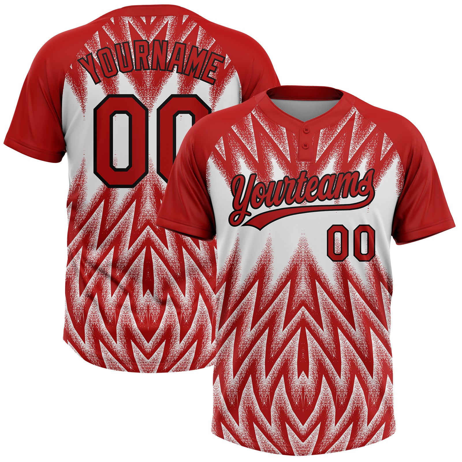 Custom Red White-Black Raglan Sleeves Abstract Geometric Chevron Zigzag Two-Button Unisex Softball Jersey