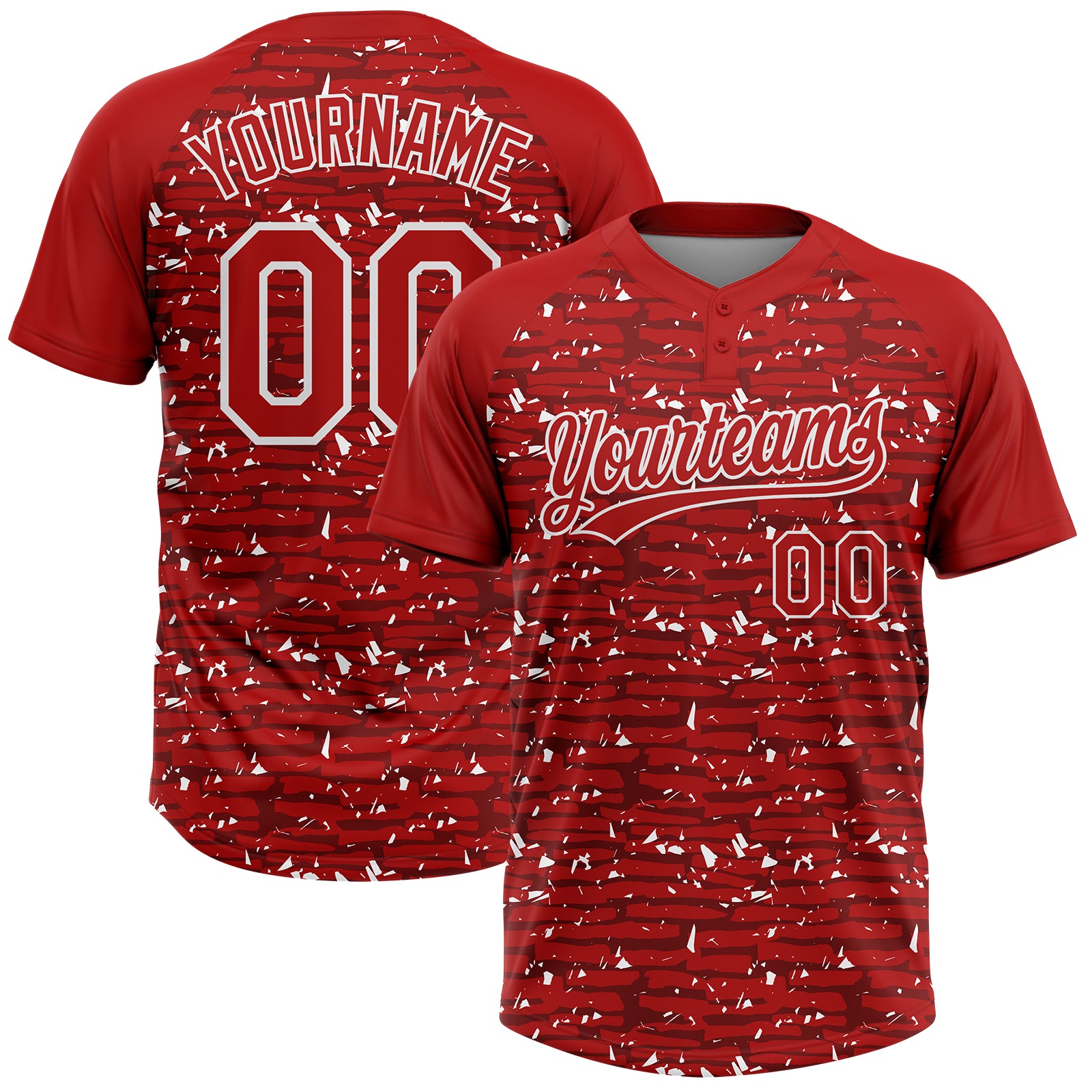 Custom Red-White Raglan Sleeves Distressed Fragment Brush Stroke Two-Button Unisex Softball Jersey