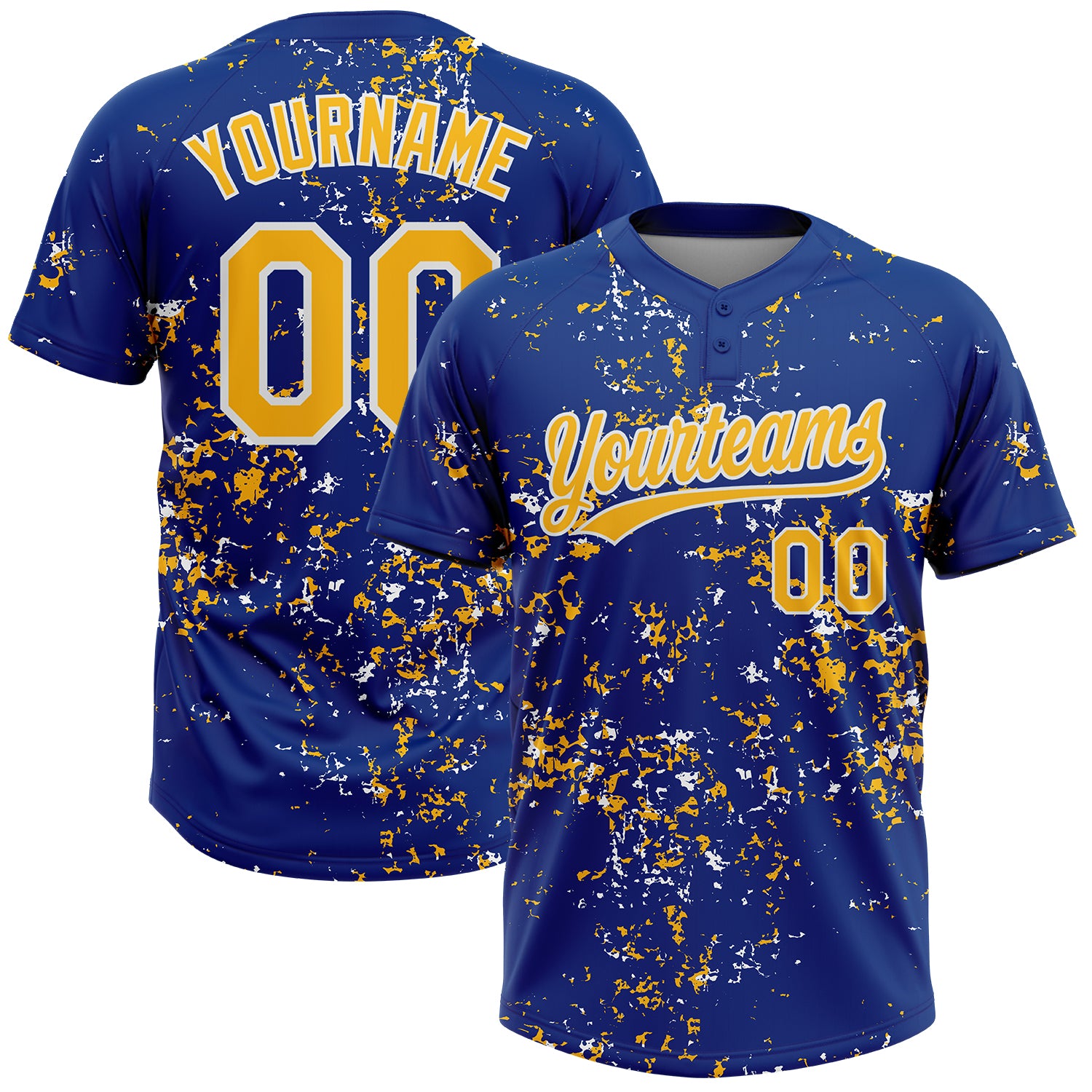Custom Royal Gold-White Abstract Shattered Paint Splatter Two-Button Unisex Softball Jersey