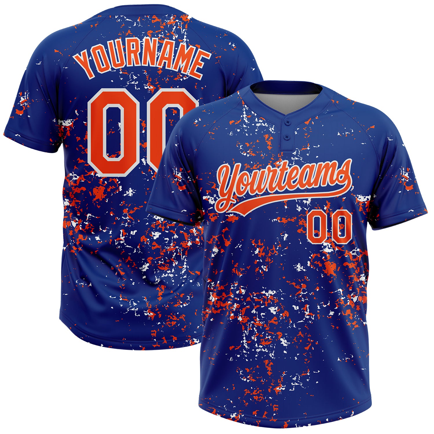Custom Royal Orange-White Abstract Shattered Paint Splatter Two-Button Unisex Softball Jersey