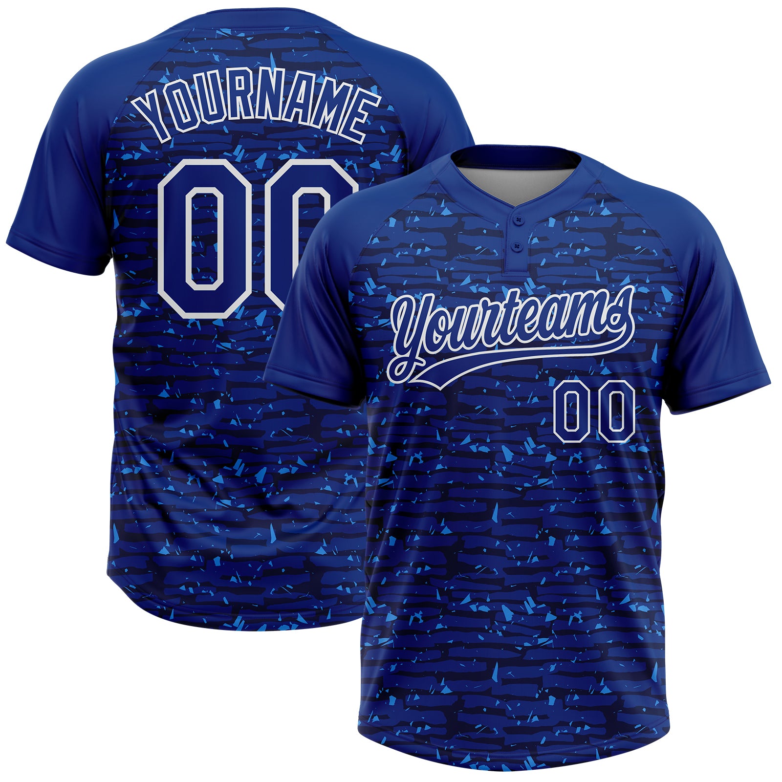 Custom Royal-White Raglan Sleeves Distressed Fragment Brush Stroke Two-Button Unisex Softball Jersey