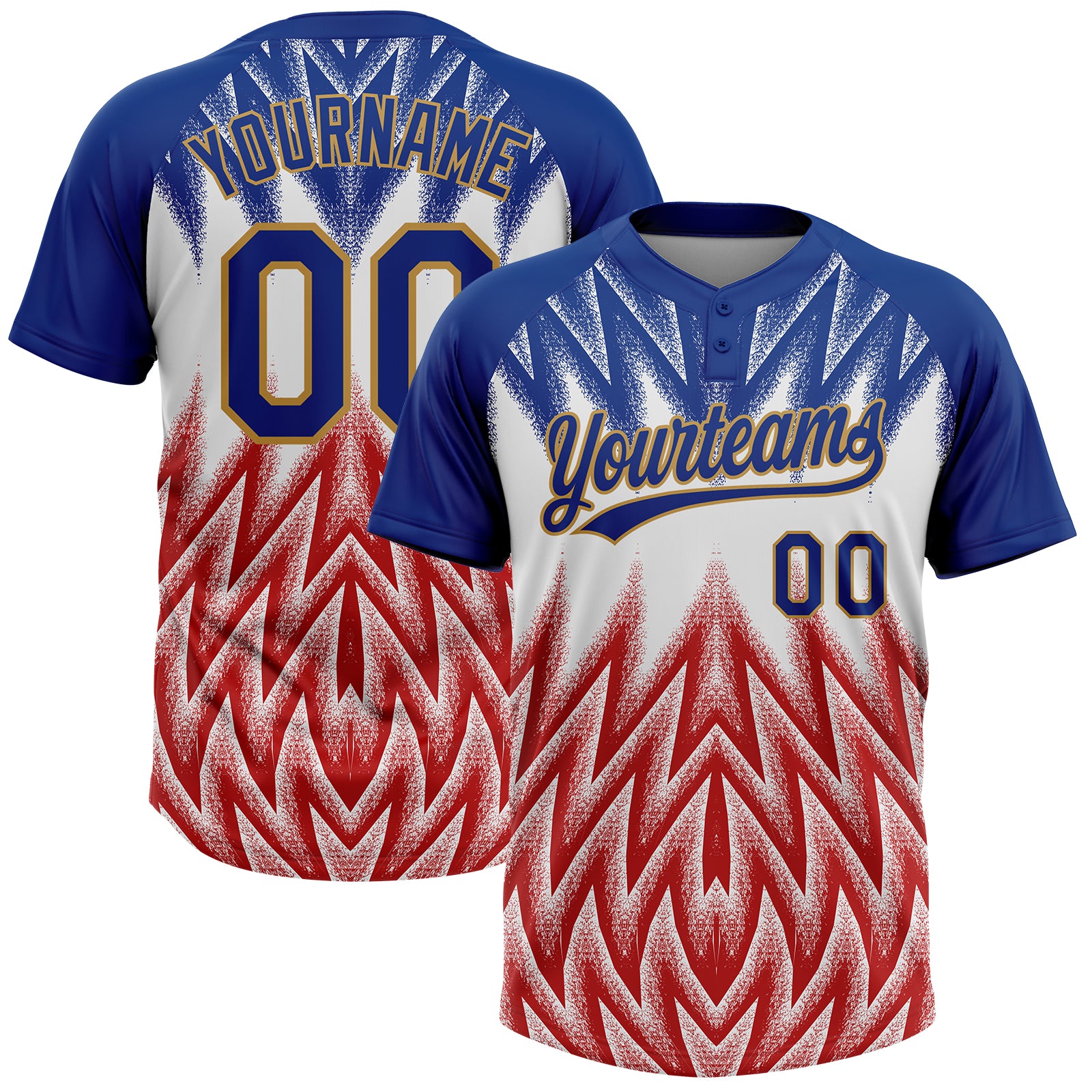 Custom Royal White Red-Old Gold Raglan Sleeves Abstract Geometric Chevron Zigzag Two-Button Unisex Softball Jersey