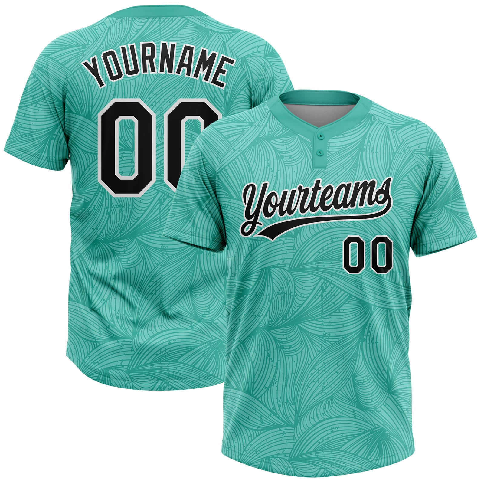 Custom Teal Black-White Abstract Curved Lines 3D Pattern Two-Button Unisex Softball Jersey