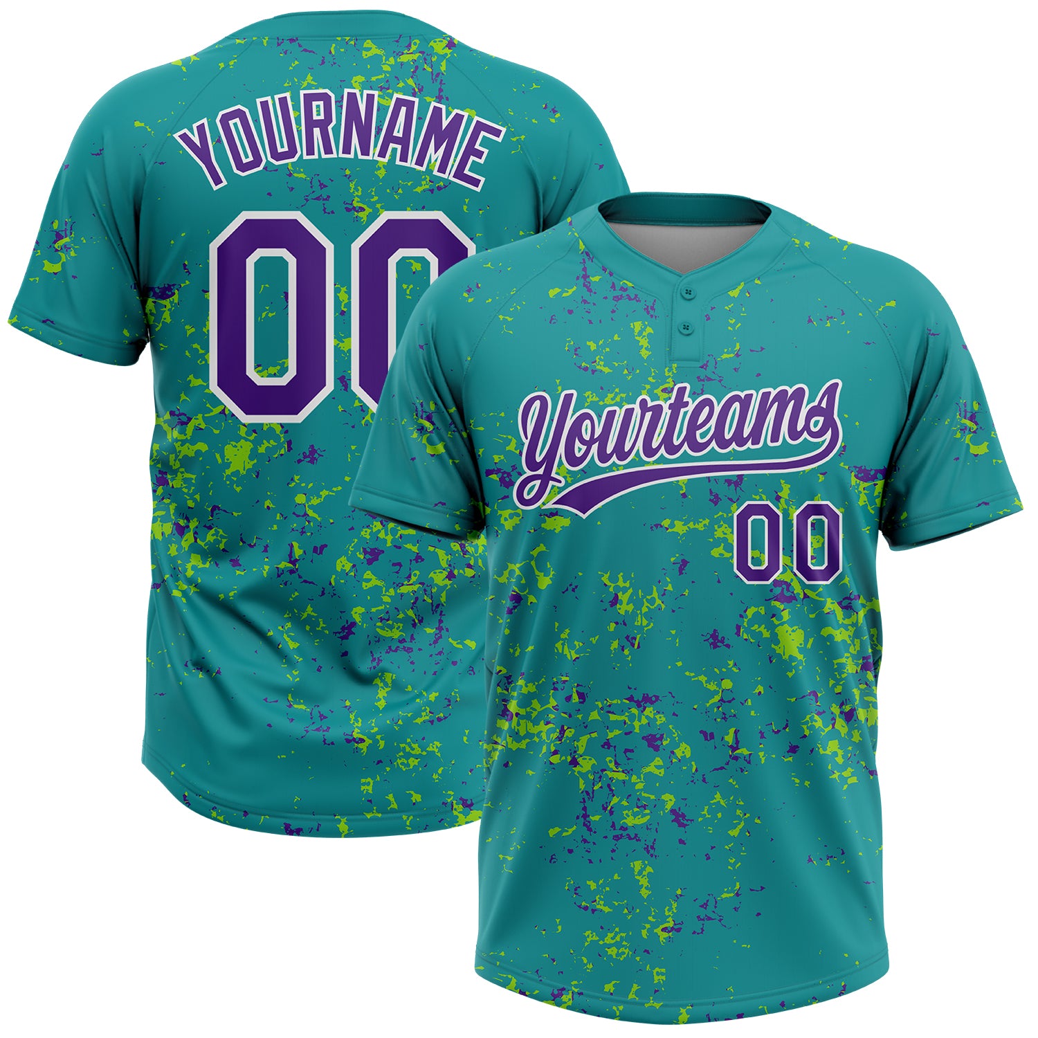 Custom Teal Purple Neon Green-White Abstract Shattered Paint Splatter Two-Button Unisex Softball Jersey
