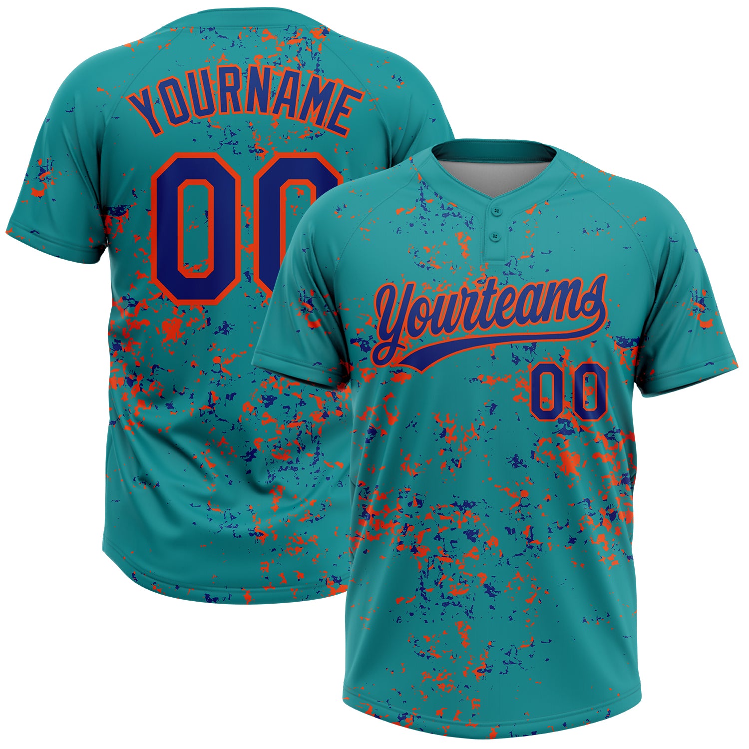 Custom Teal Royal-Orange Abstract Shattered Paint Splatter Two-Button Unisex Softball Jersey
