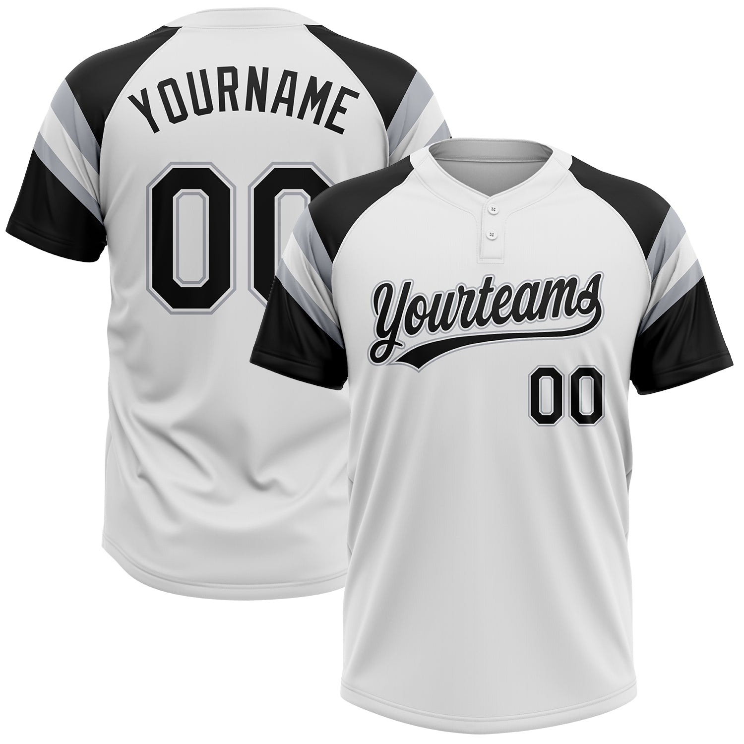 Custom White Black-Gray Raglan Sleeves Stripes Two-Button Unisex Softball Jersey