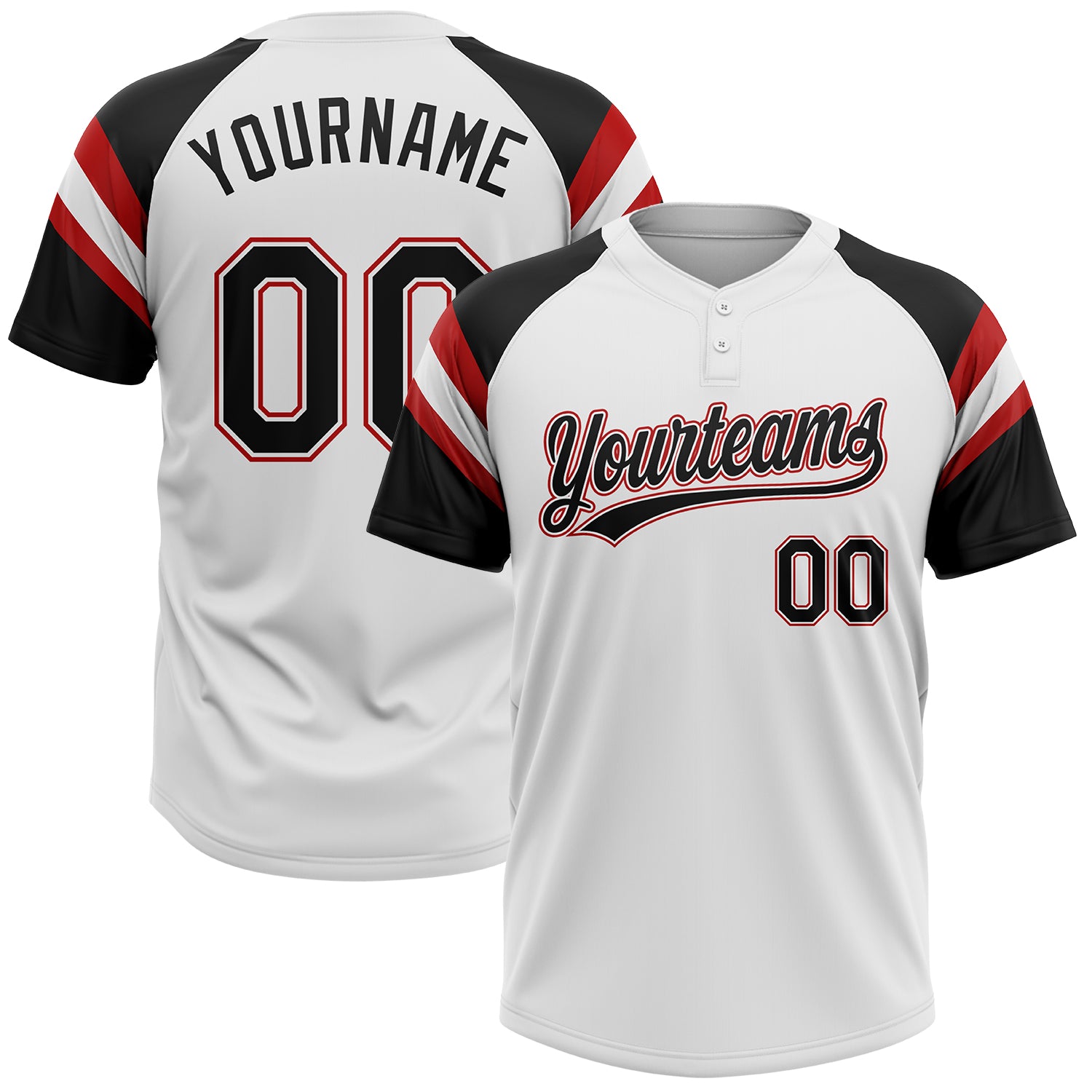 Custom White Black-Red Raglan Sleeves Stripes Two-Button Unisex Softball Jersey