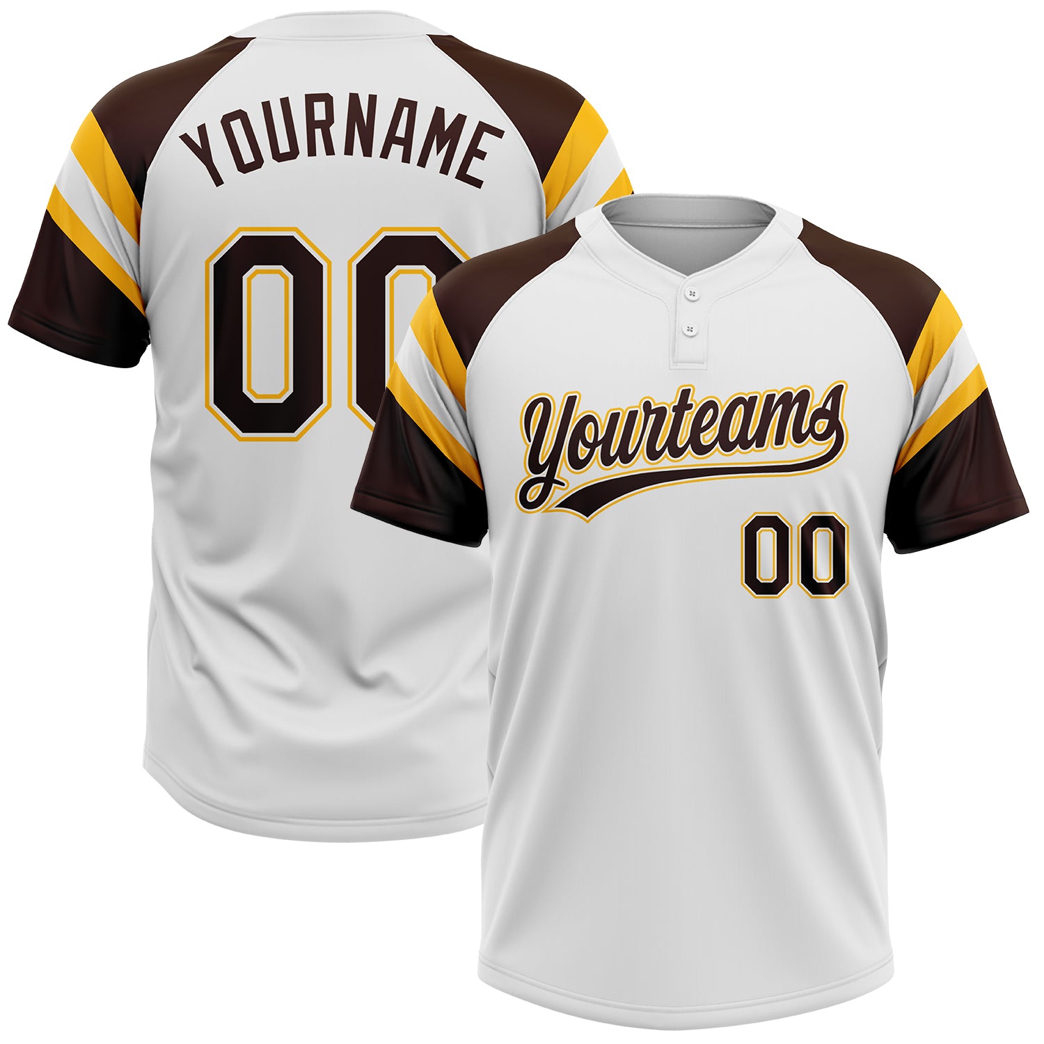 Custom White Brown-Gold Raglan Sleeves Stripes Two-Button Unisex Softball Jersey