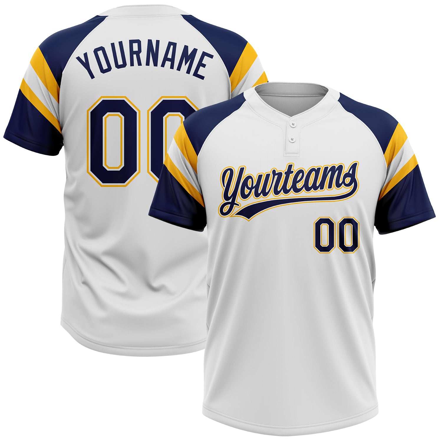 Custom White Navy-Gold Raglan Sleeves Stripes Two-Button Unisex Softball Jersey
